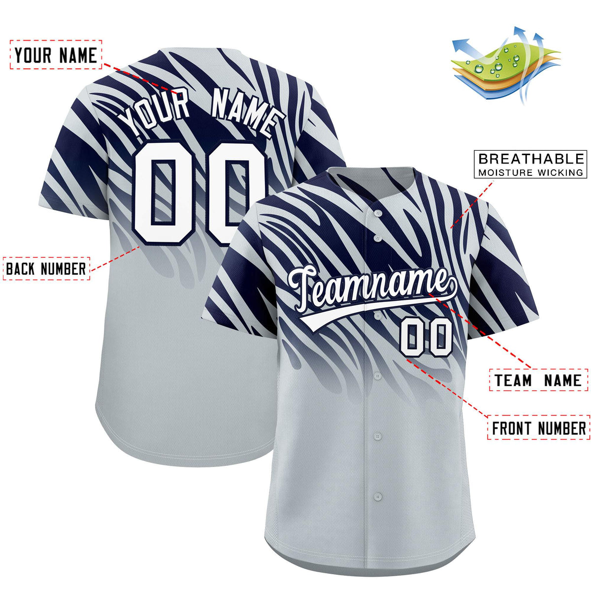 Custom Navy Silver Tiger Stripe Gradient Animal Print Personalized Team Shirt Baseball Jersey Limited