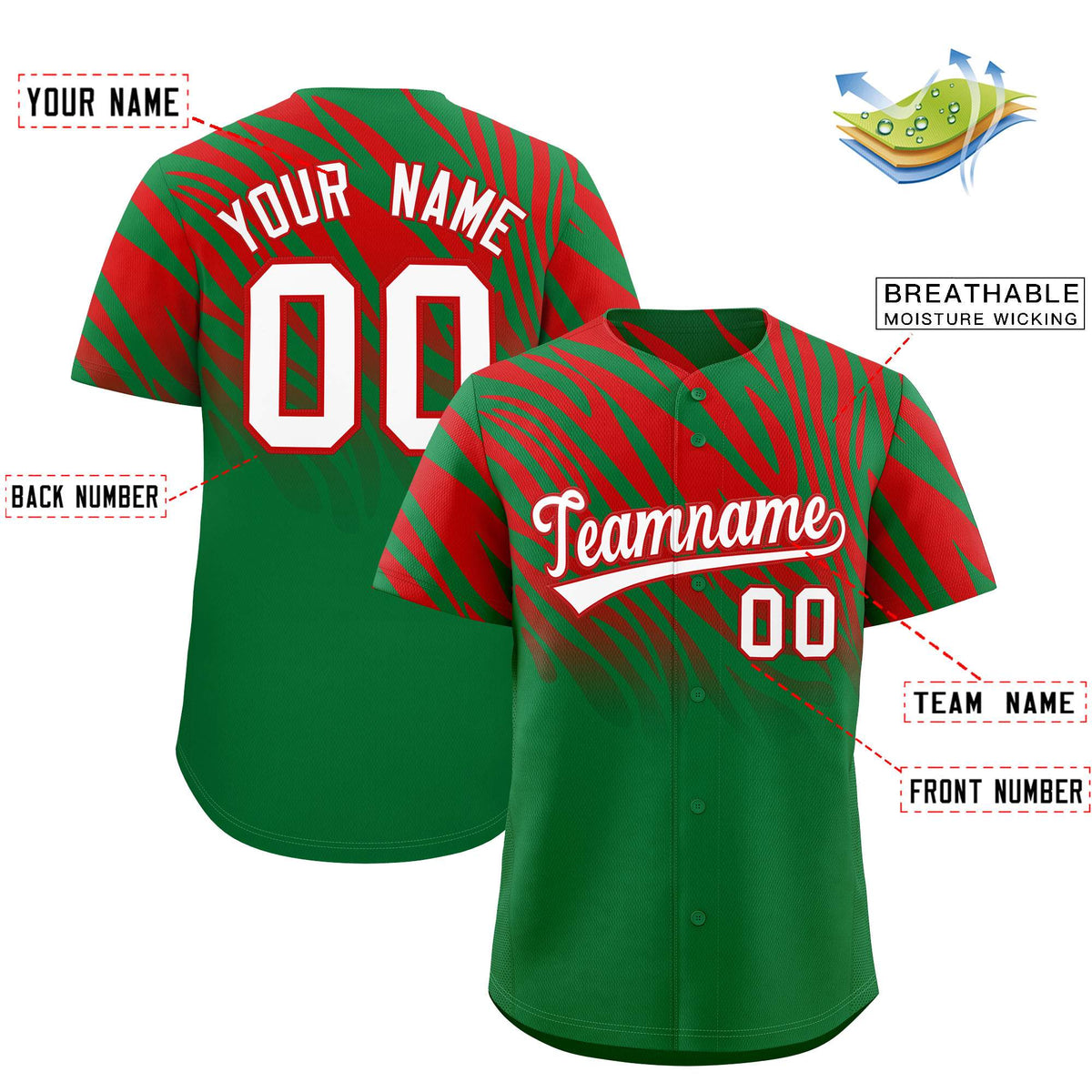 Custom Kelly Green Red Tiger Stripe Gradient Animal Print Personalized Team Shirt Baseball Jersey Limited