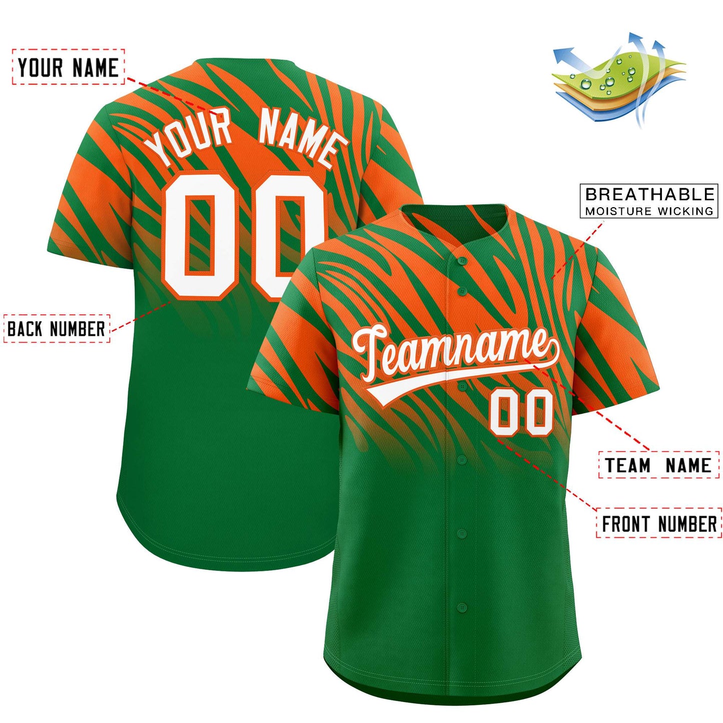 Custom Kelly Green Orange Tiger Stripe Gradient Animal Print Personalized Team Shirt Baseball Jersey Limited