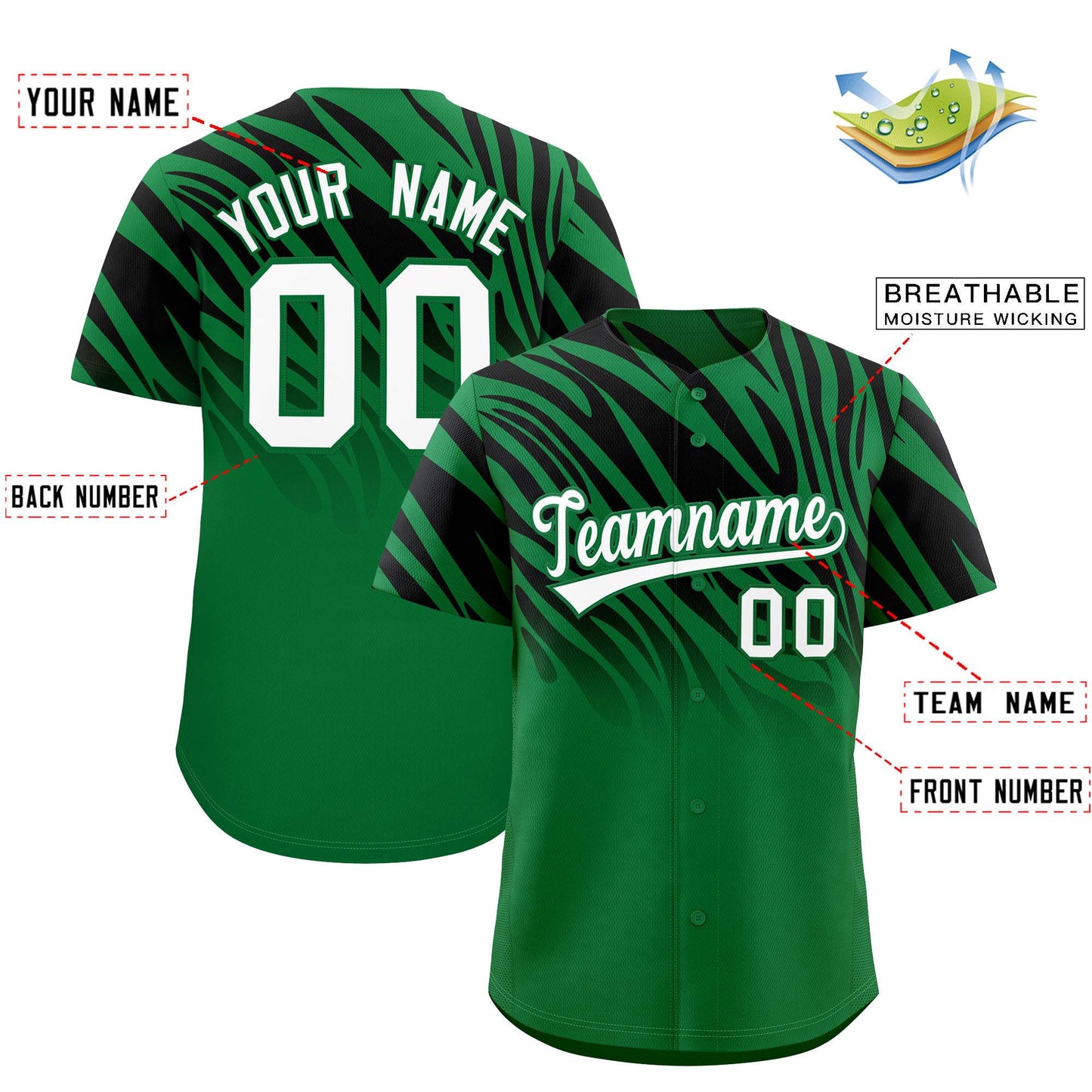Custom Kelly Green Black Tiger Stripe Gradient Animal Print Personalized Team Shirt Baseball Jersey Limited