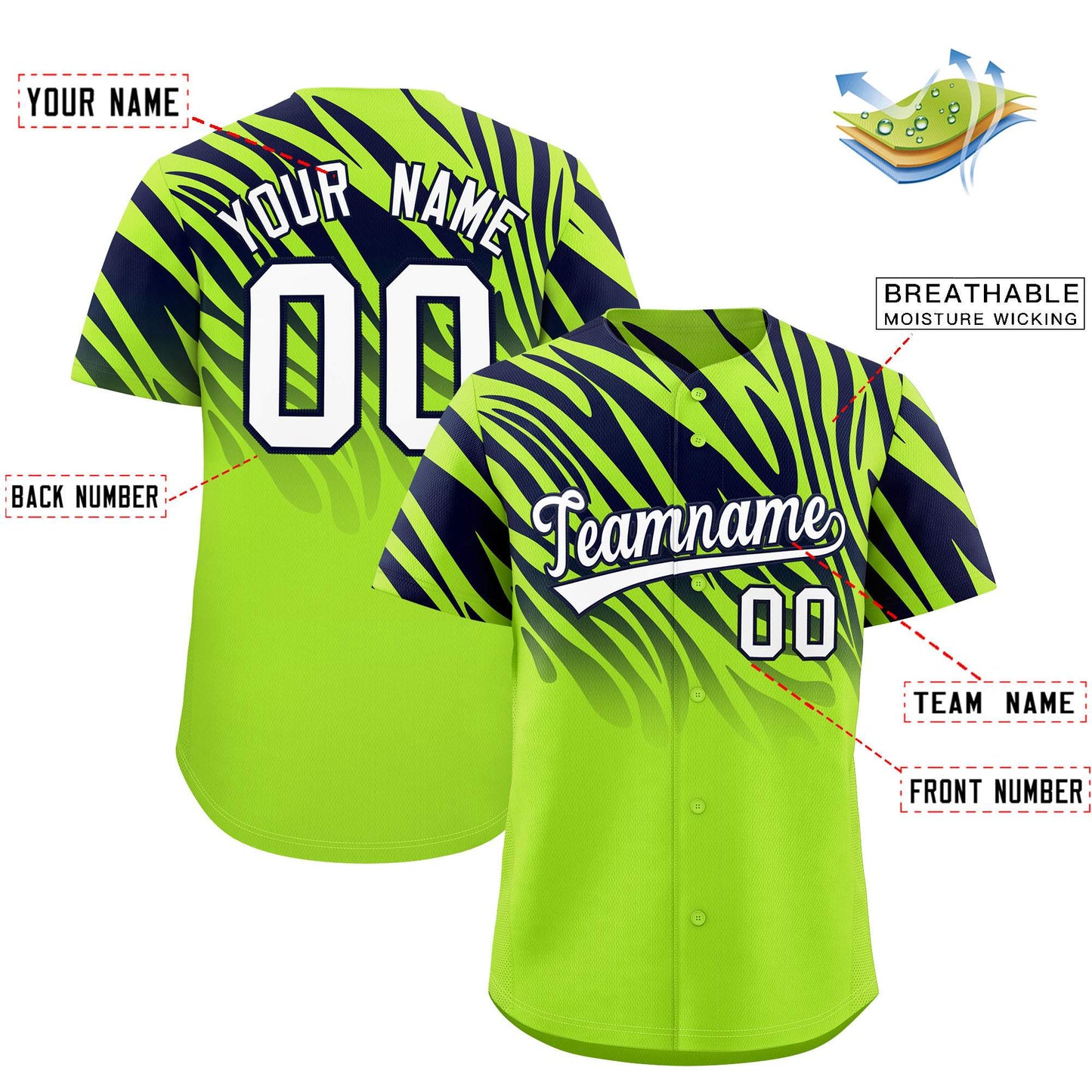 Custom Neon Green Navy Tiger Stripe Gradient Animal Print Personalized Team Shirt Baseball Jersey Limited