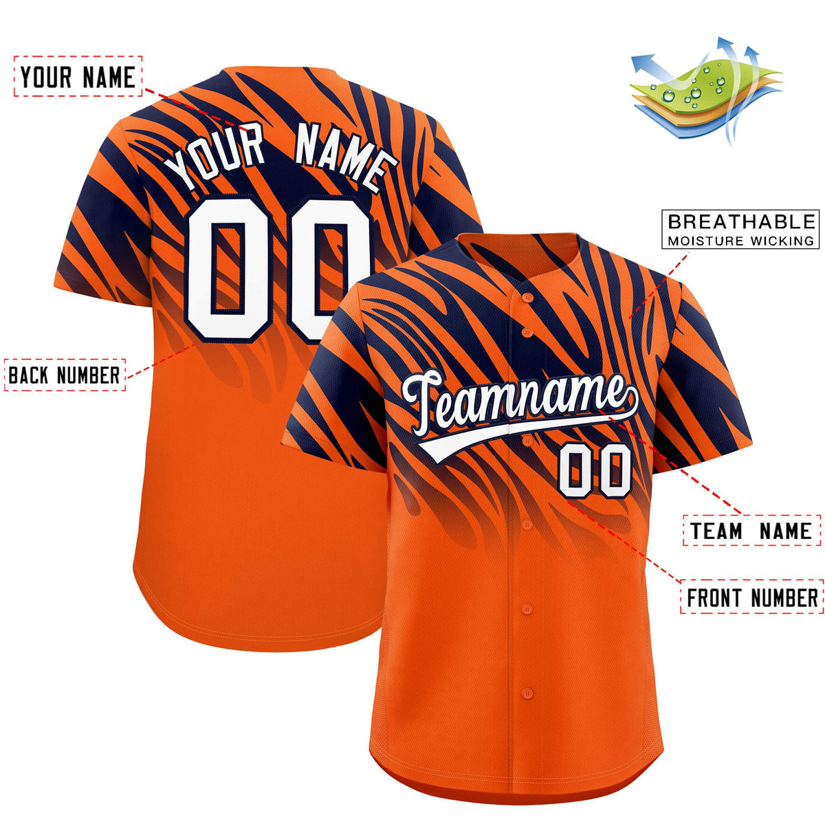 Custom Navy Orange Tiger Stripe Gradient Animal Print Personalized Team Shirt Baseball Jersey Limited