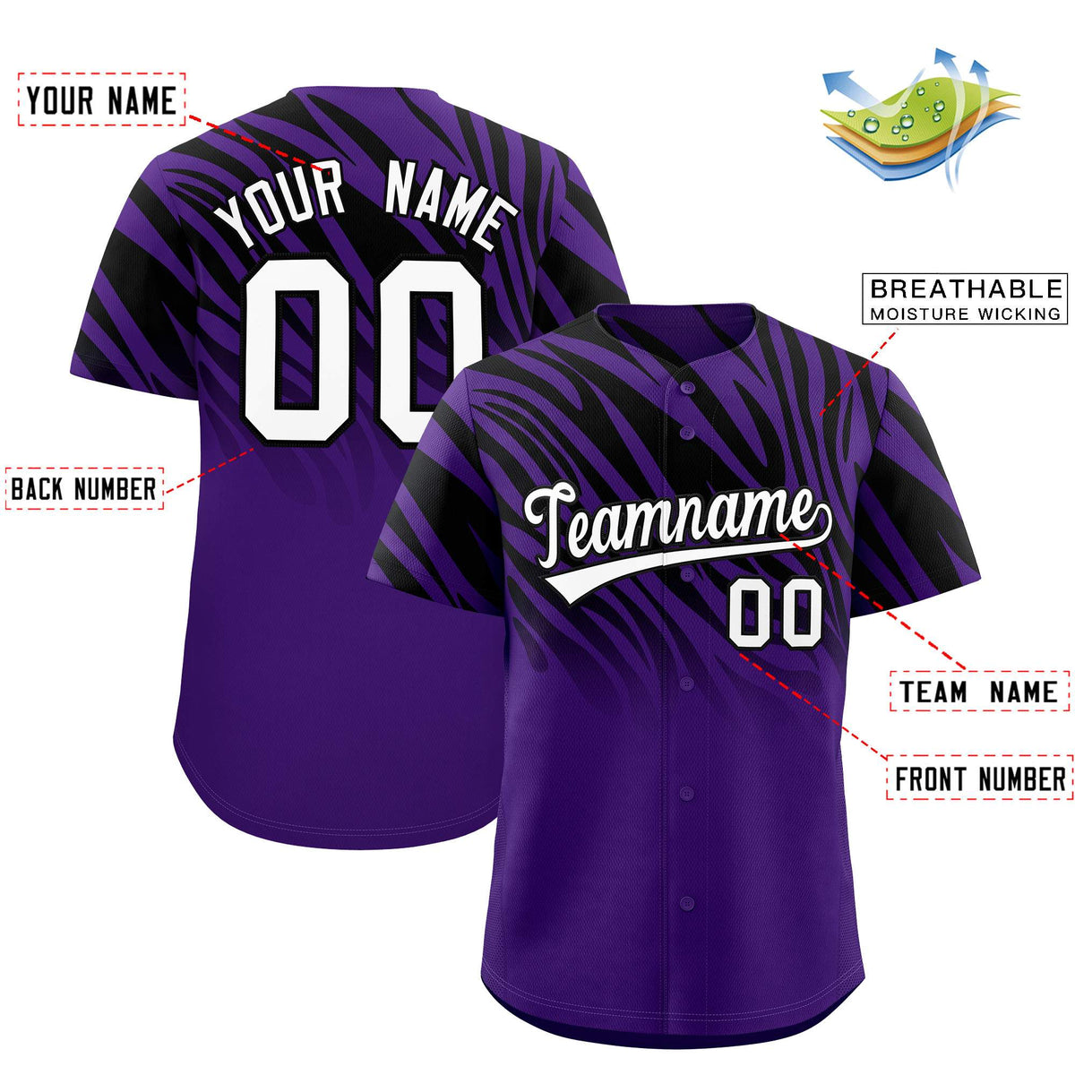 Custom Black Purple Tiger Stripe Gradient Animal Print Personalized Team Shirt Baseball Jersey Limited
