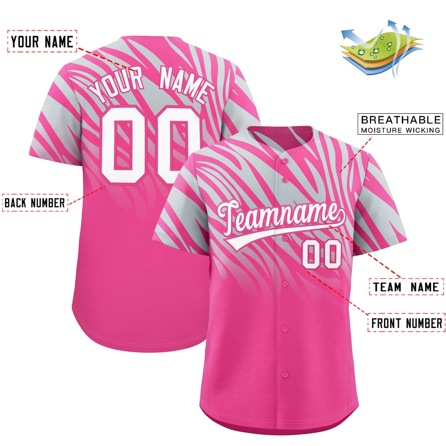 Custom Pink Silver Tiger Stripe Gradient Animal Print Personalized Team Shirt Baseball Jersey Limited