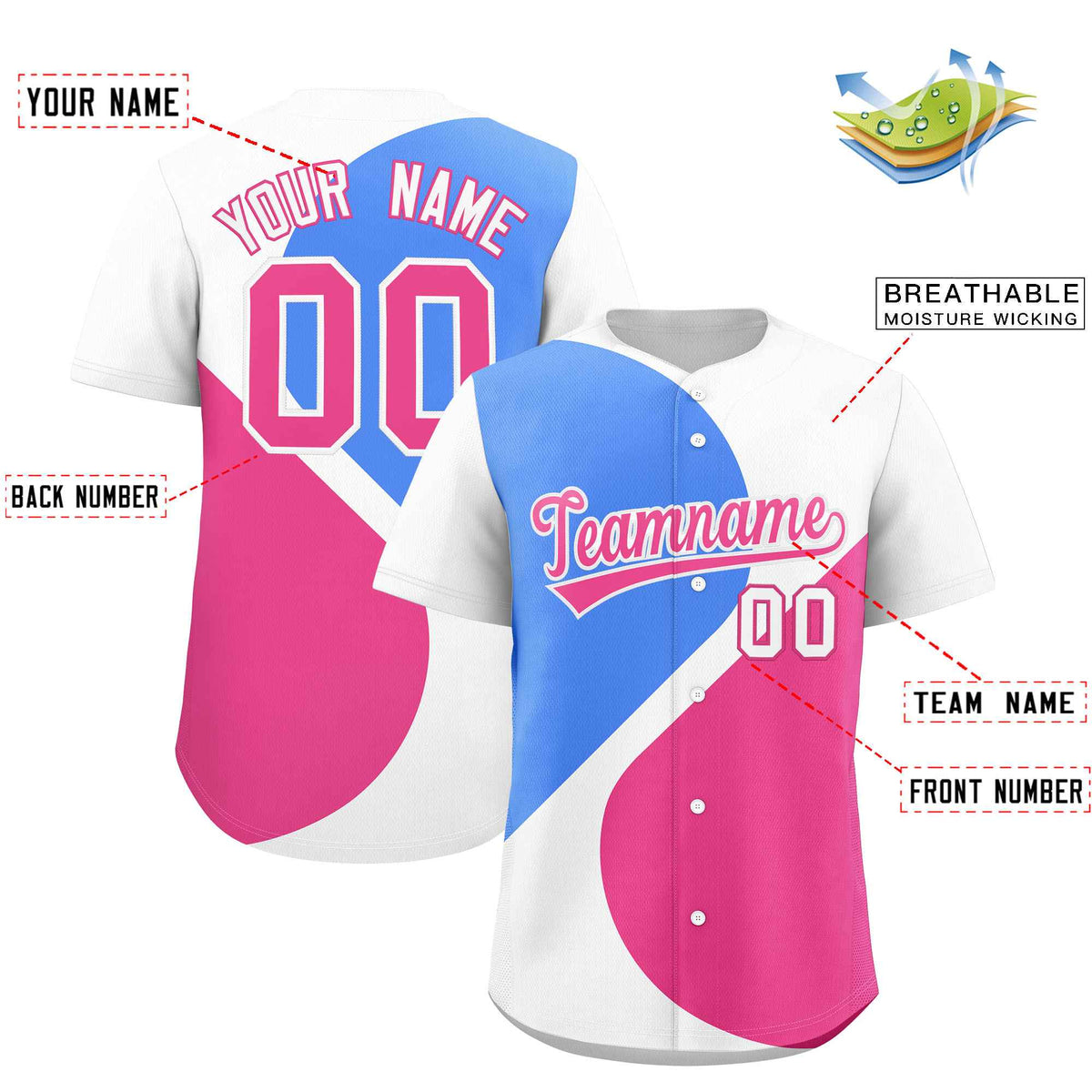 Custom White Powder Blue-Pink Color Block Personalized Half Heart Pattern Authentic Baseball Jersey Limited