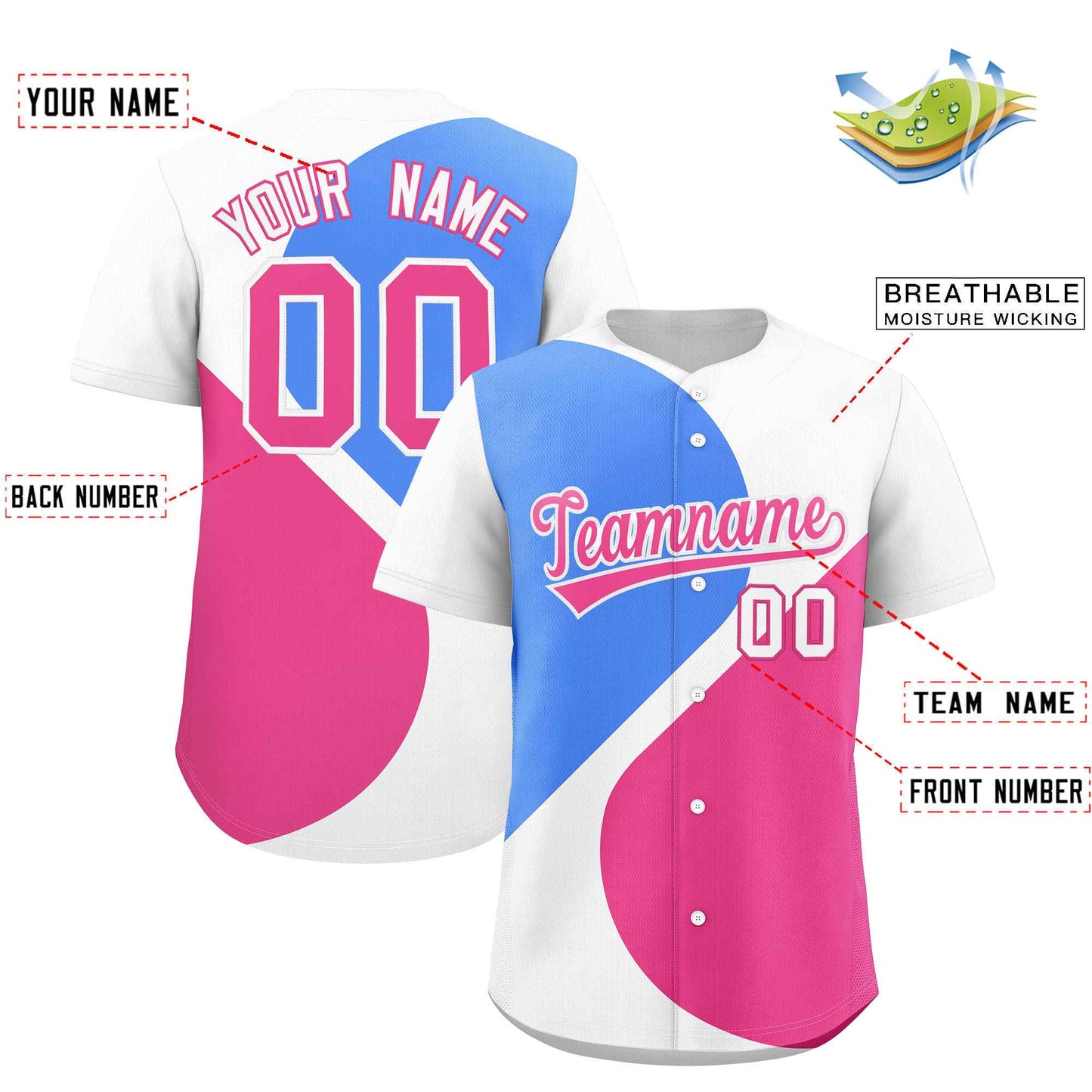 Custom White Powder Blue-Pink Color Block Personalized Half Heart Pattern Authentic Baseball Jersey Limited