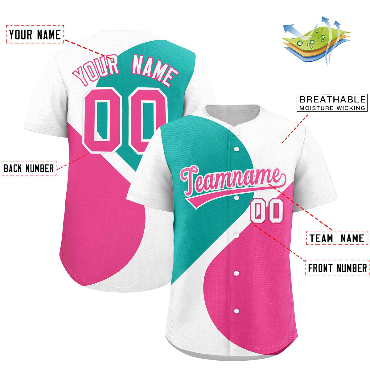 Custom White Aqua-Pink Color Block Personalized Half Heart Pattern Authentic Baseball Jersey Limited