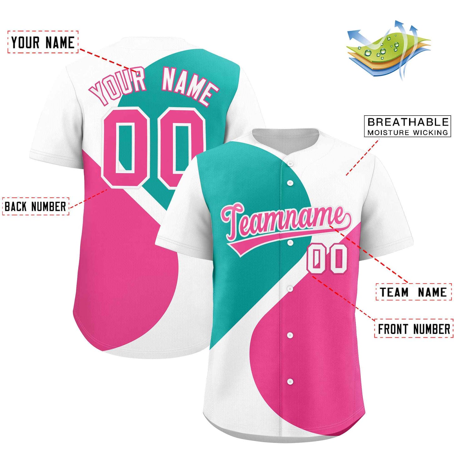 Custom White Aqua-Pink Color Block Personalized Half Heart Pattern Authentic Baseball Jersey Limited
