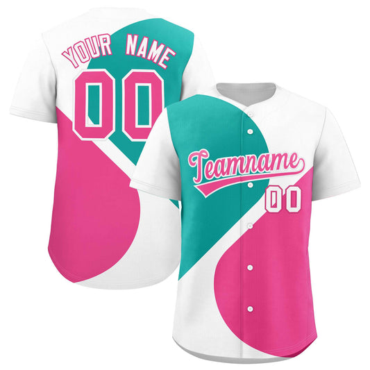 Custom White Aqua-Pink Color Block Personalized Half Heart Pattern Authentic Baseball Jersey