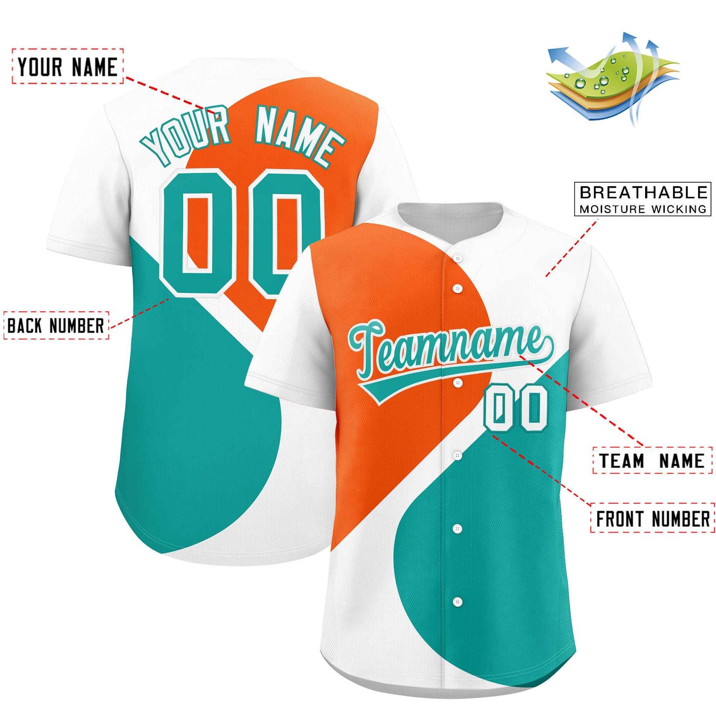 Custom White Orange-Aqua Color Block Personalized Half Heart Pattern Authentic Baseball Jersey Limited