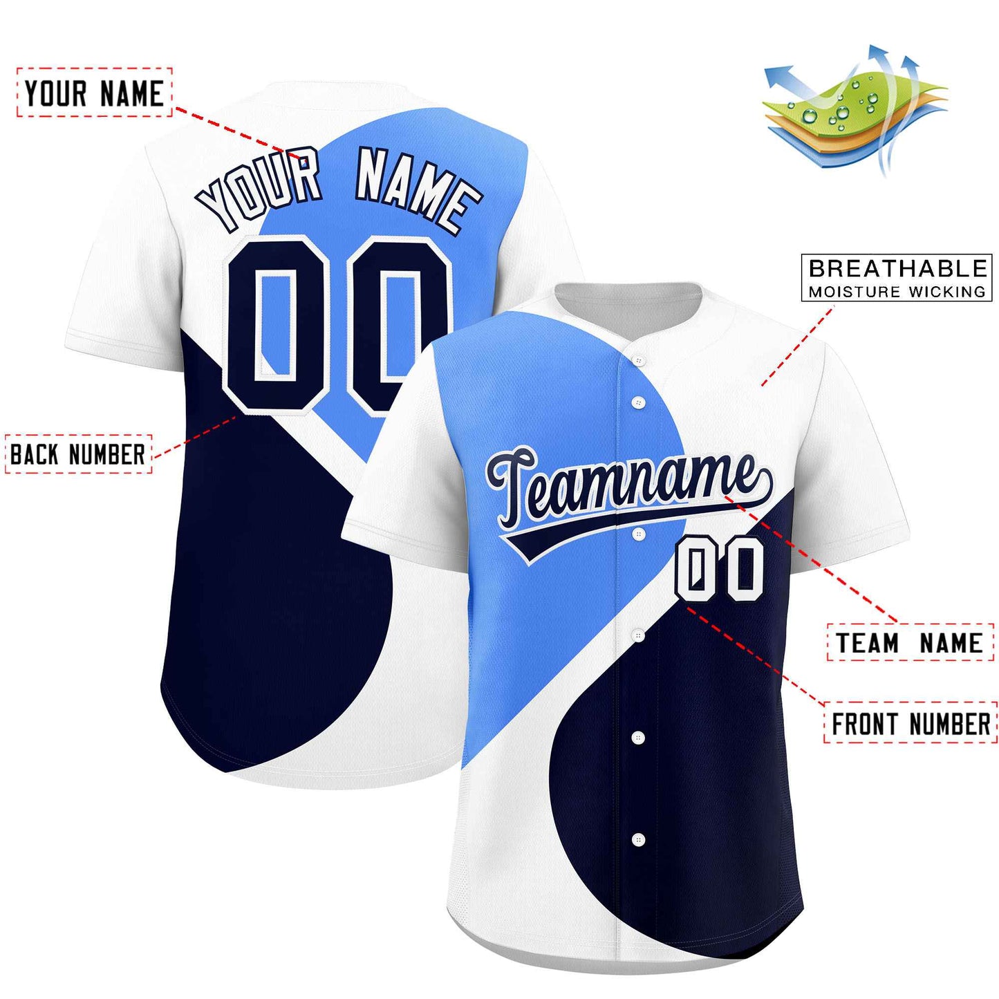 Custom White Powder Blue-Navy Color Block Personalized Half Heart Pattern Authentic Baseball Jersey Limited