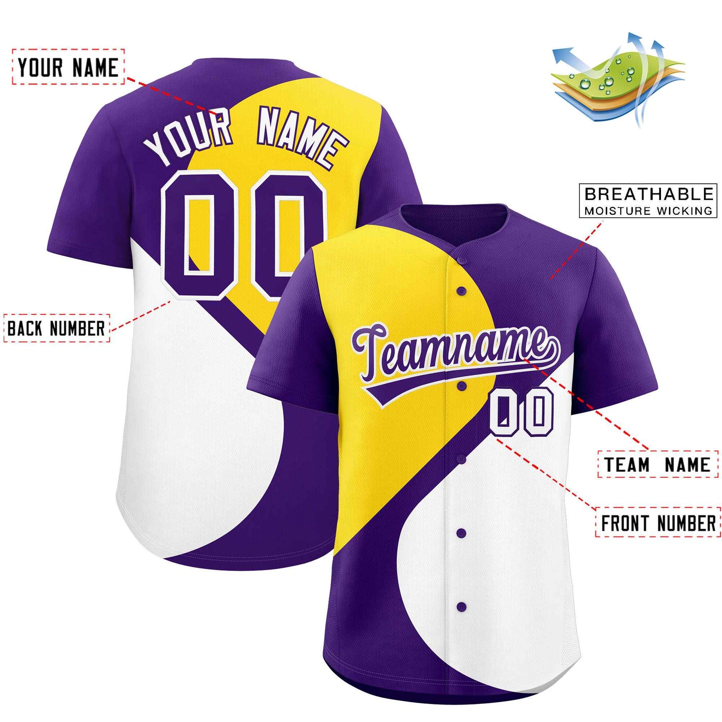 Custom Purple Gold-White Color Block Personalized Half Heart Pattern Authentic Baseball Jersey Limited