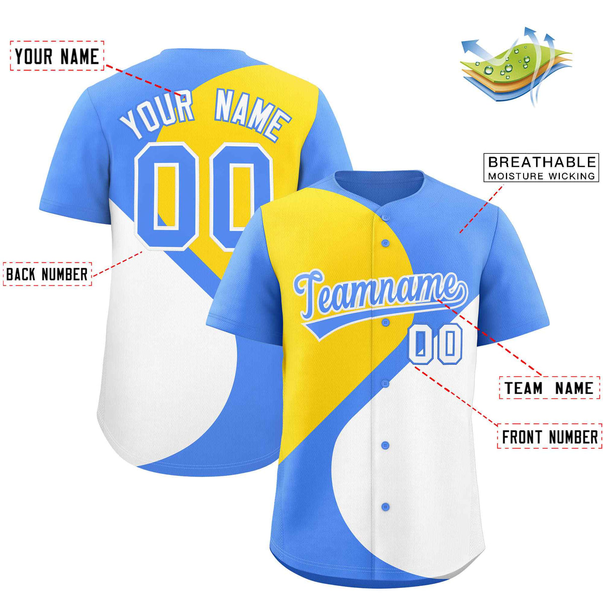Custom Powder Blue Gold-White Color Block Personalized Half Heart Pattern Authentic Baseball Jersey Limited
