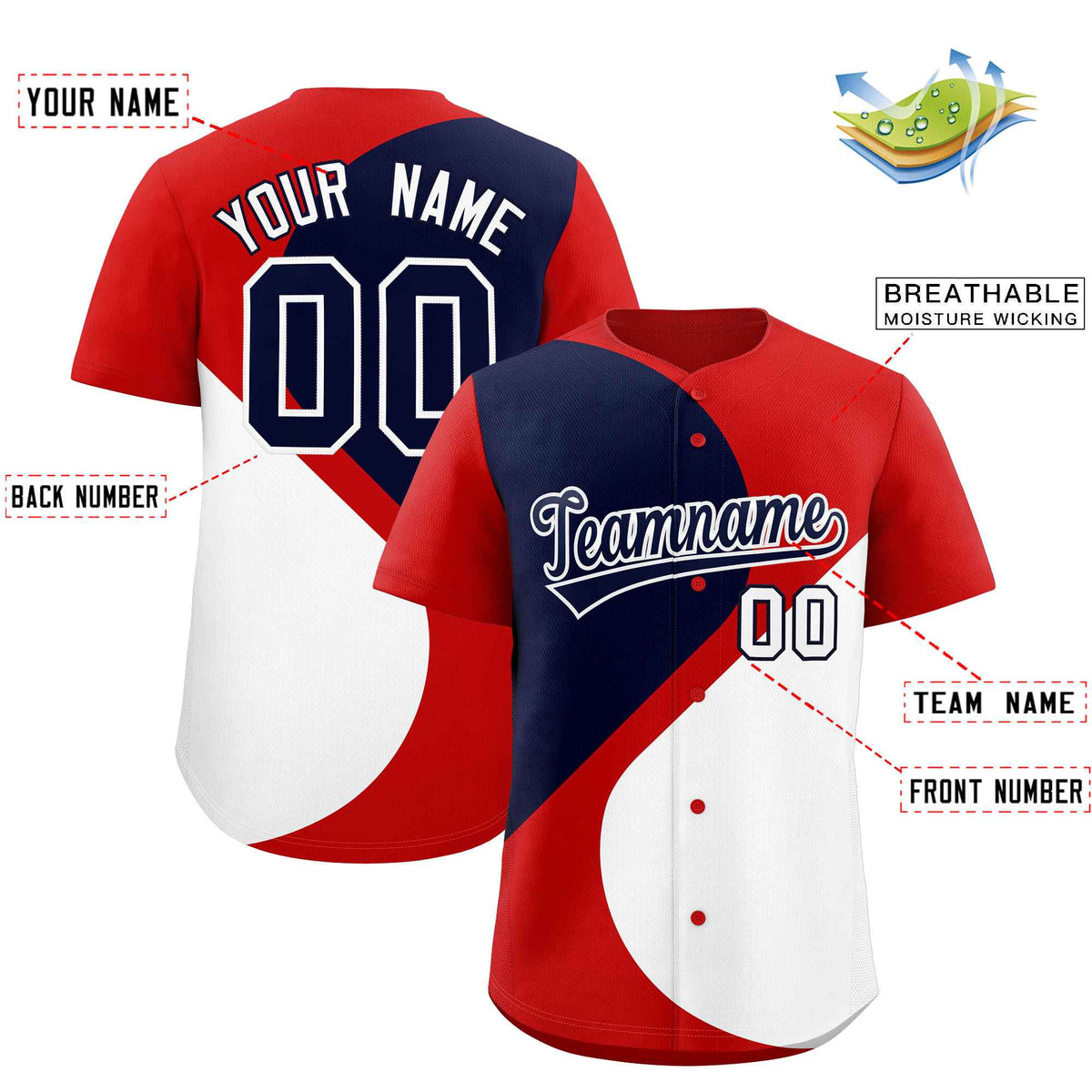 Custom Red Navy-White Color Block Personalized Half Heart Pattern Authentic Baseball Jersey Limited
