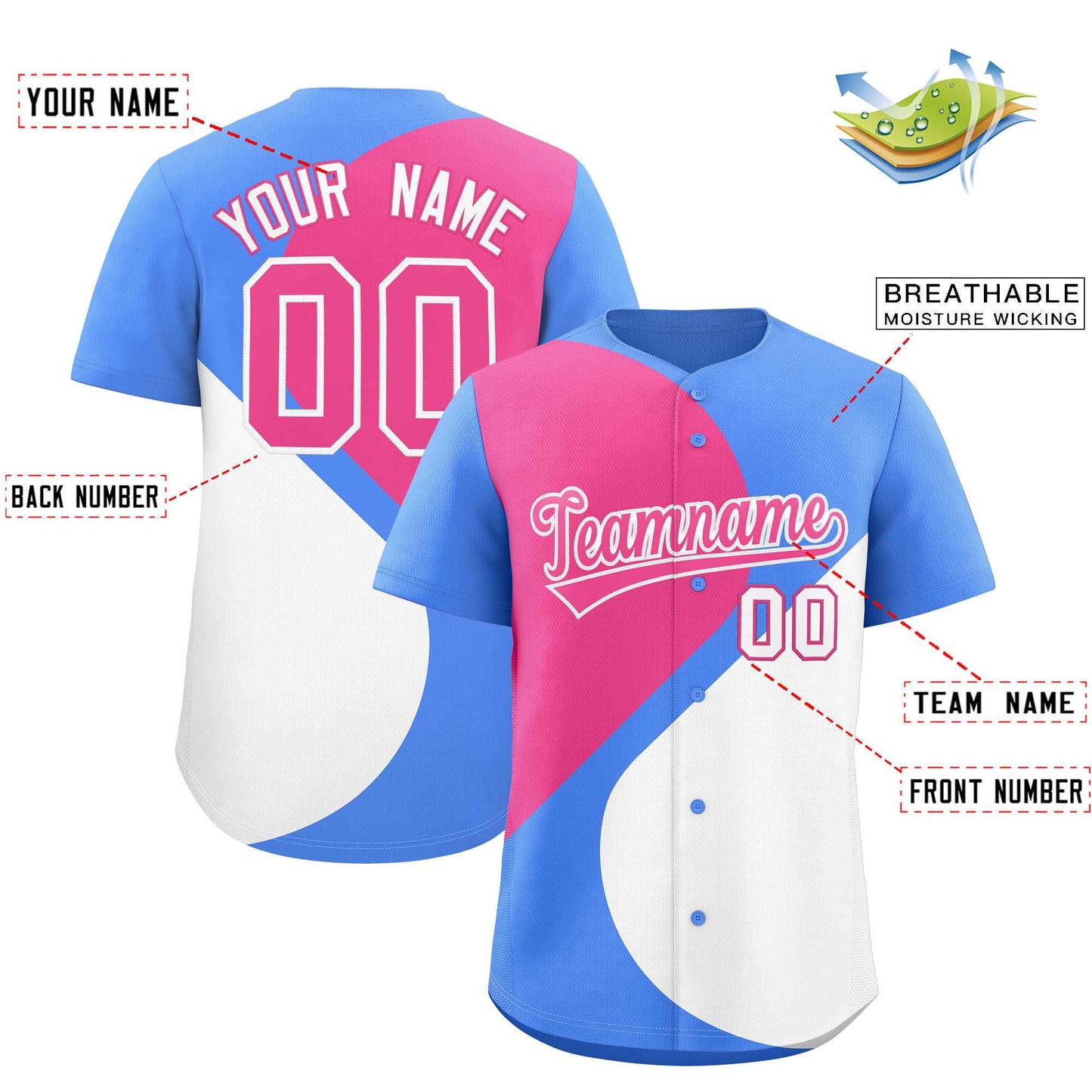 Custom Powder Blue Pink-White Color Block Personalized Half Heart Pattern Authentic Baseball Jersey Limited