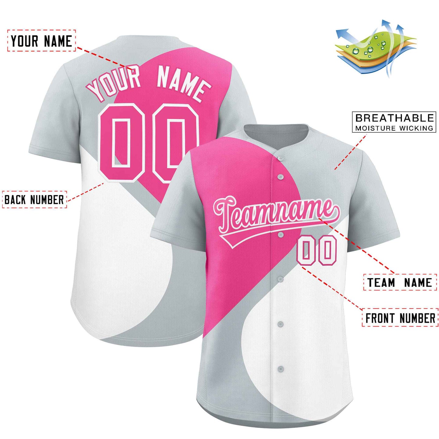 Custom Silver Pink-White Color Block Personalized Half Heart Pattern Authentic Baseball Jersey Limited
