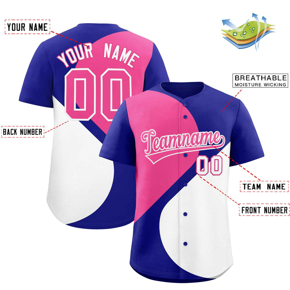 Custom Royal Pink-White Color Block Personalized Half Heart Pattern Authentic Baseball Jersey Limited