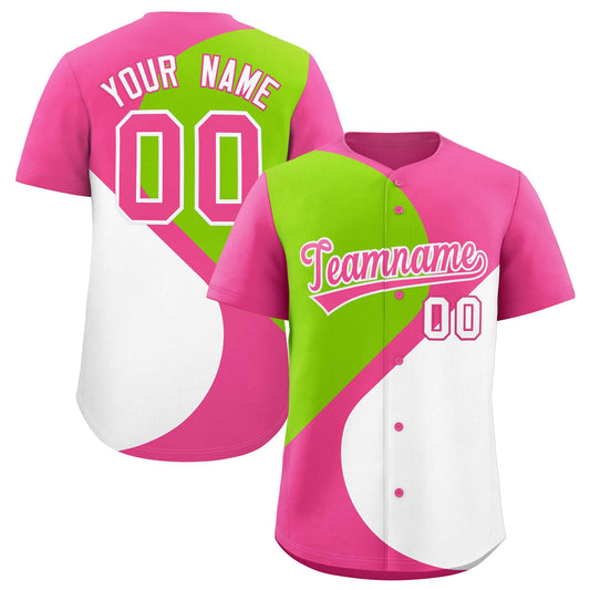 Custom Pink Neon Green-White Color Block Personalized Half Heart Pattern Authentic Baseball Jersey