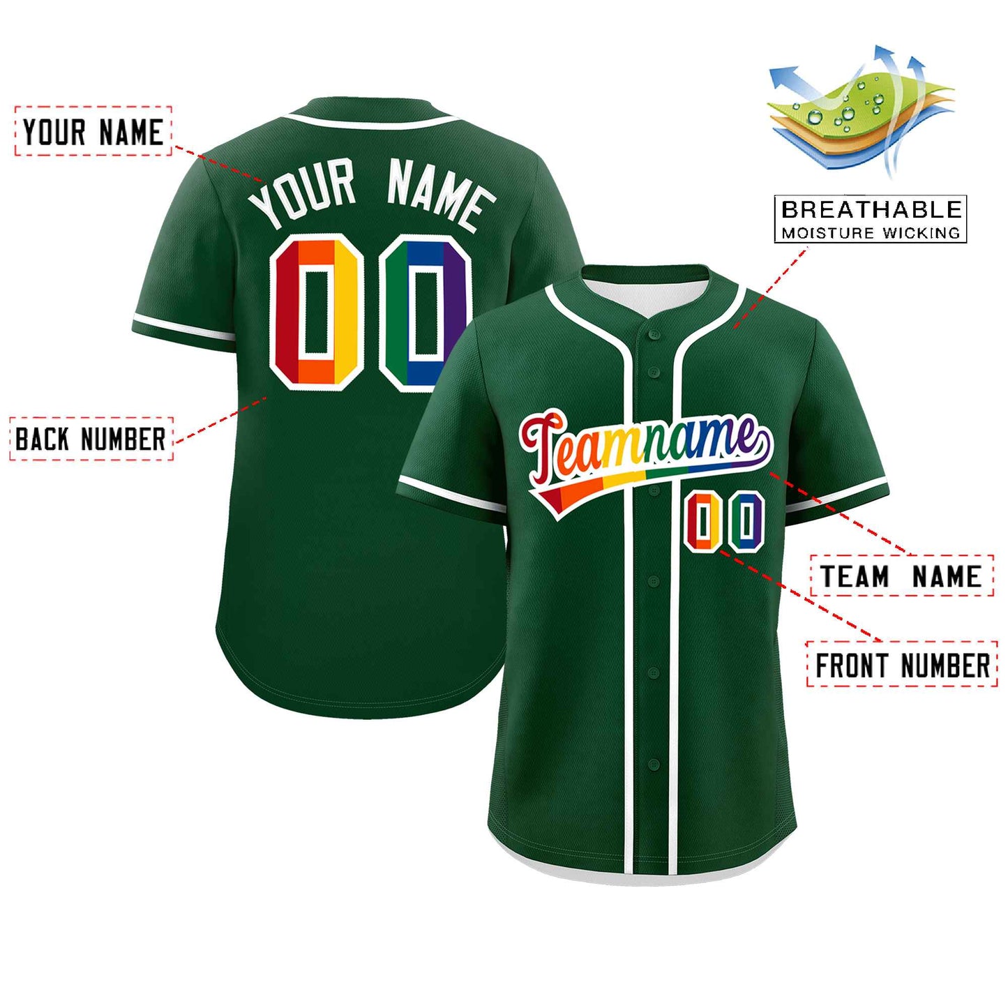 Custom Green LGBT Rainbow For Pride Month Classic Style Authentic Baseball Jersey Limited