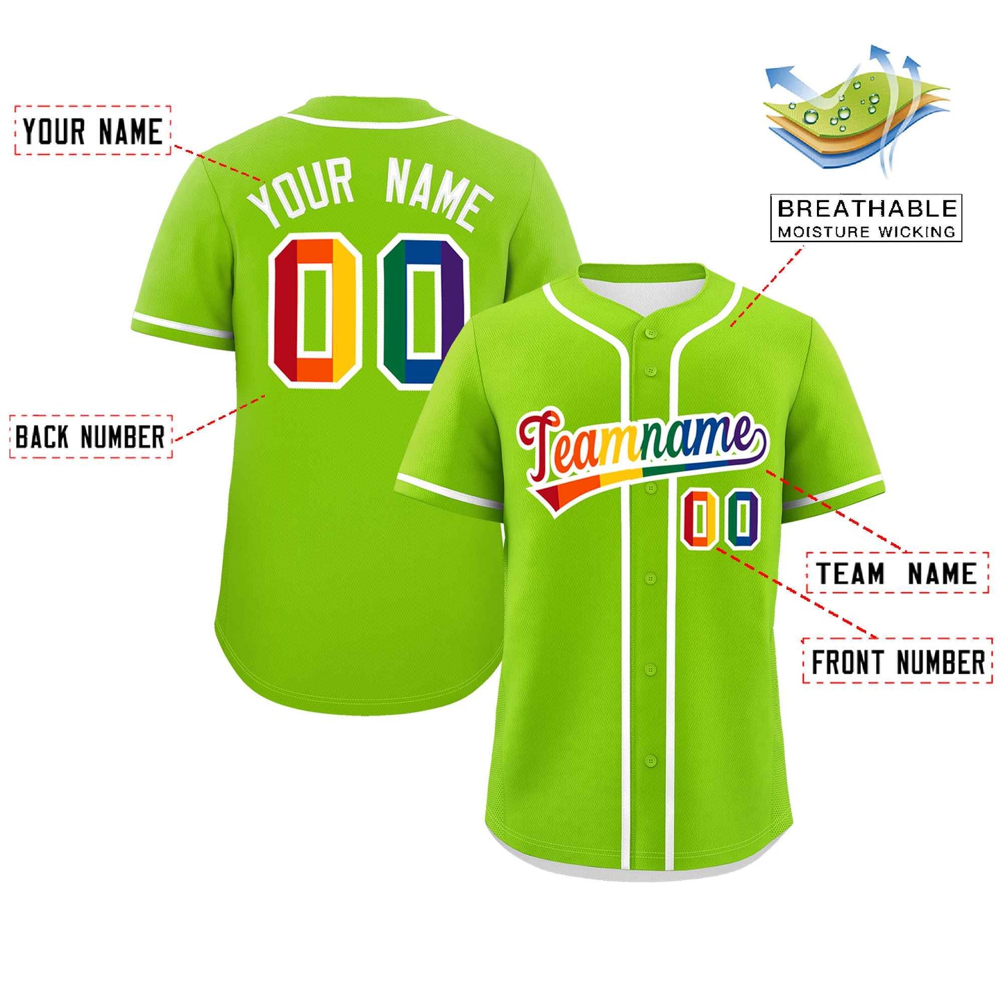 Custom Neon Green LGBT Rainbow For Pride Month Classic Style Authentic Baseball Jersey Limited