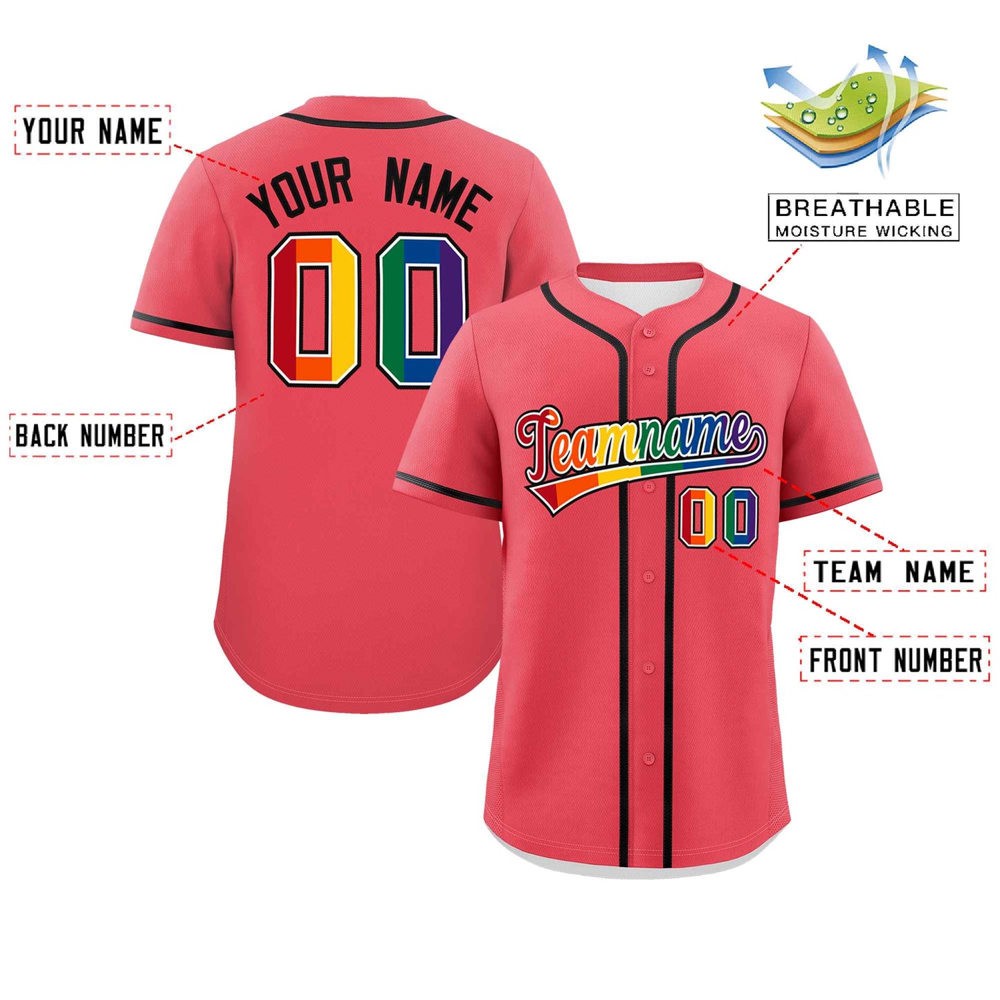 Custom Light Red LGBT Rainbow For Pride Month Classic Style Authentic Baseball Jersey Limited