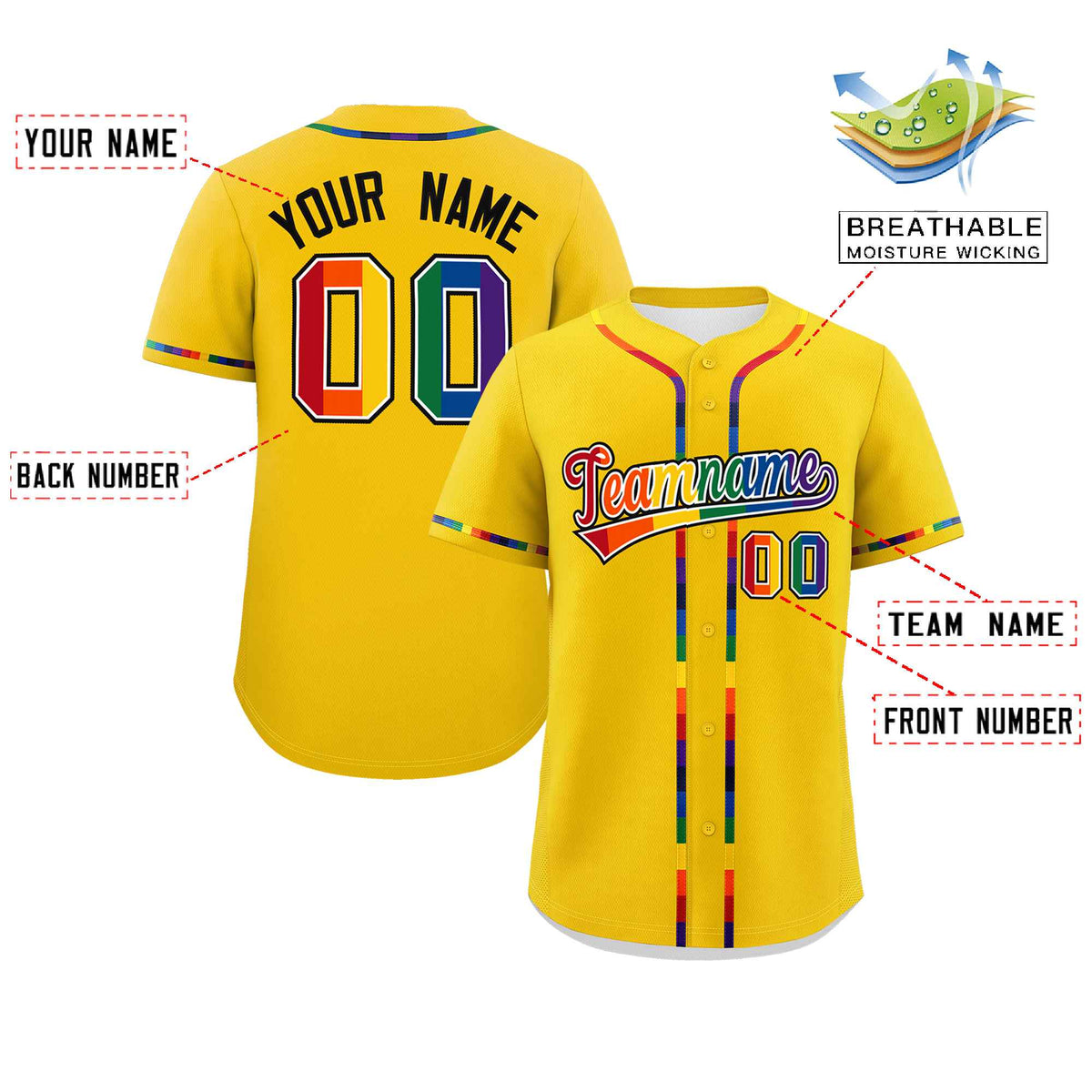 Custom Gold LGBT Rainbow For Pride Month Classic Style Authentic Baseball Jersey Limited