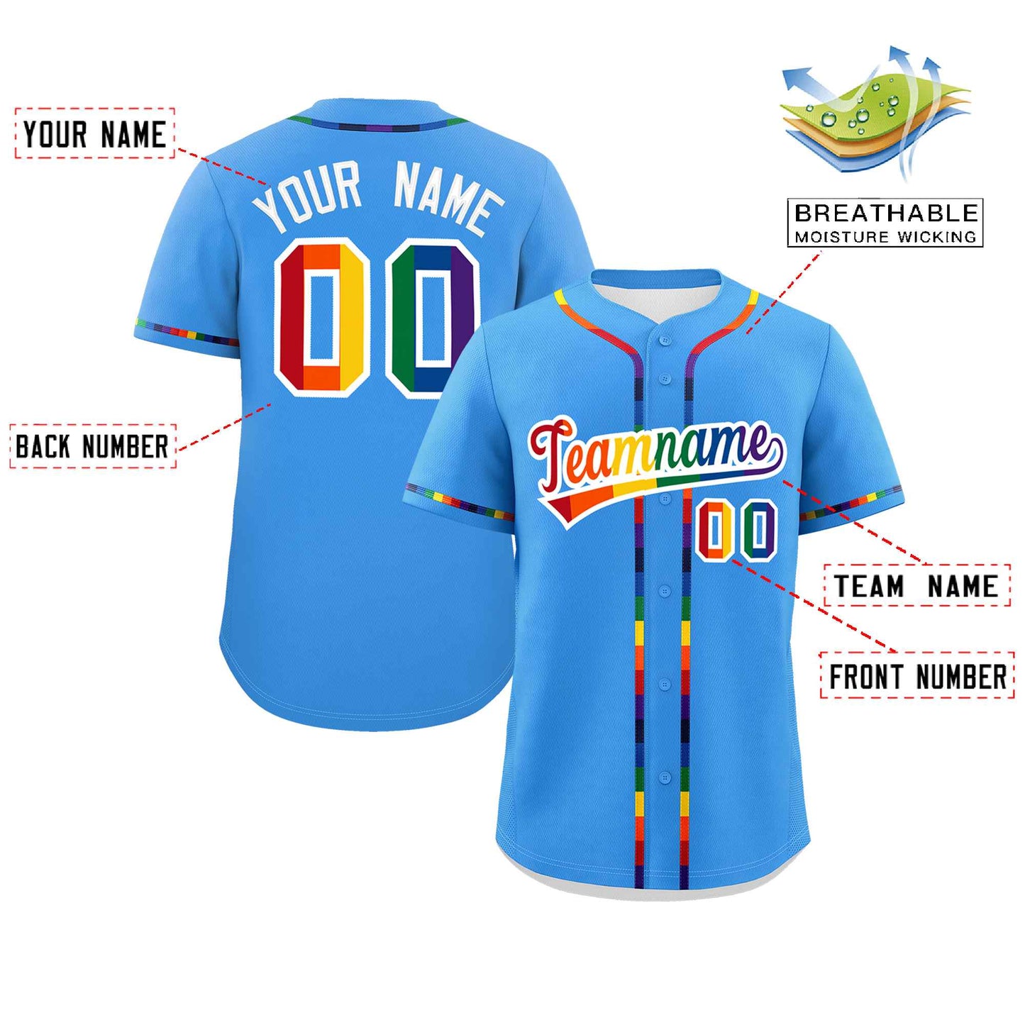 Custom Powder Blue LGBT Rainbow For Pride Month Classic Style Authentic Baseball Jersey Limited