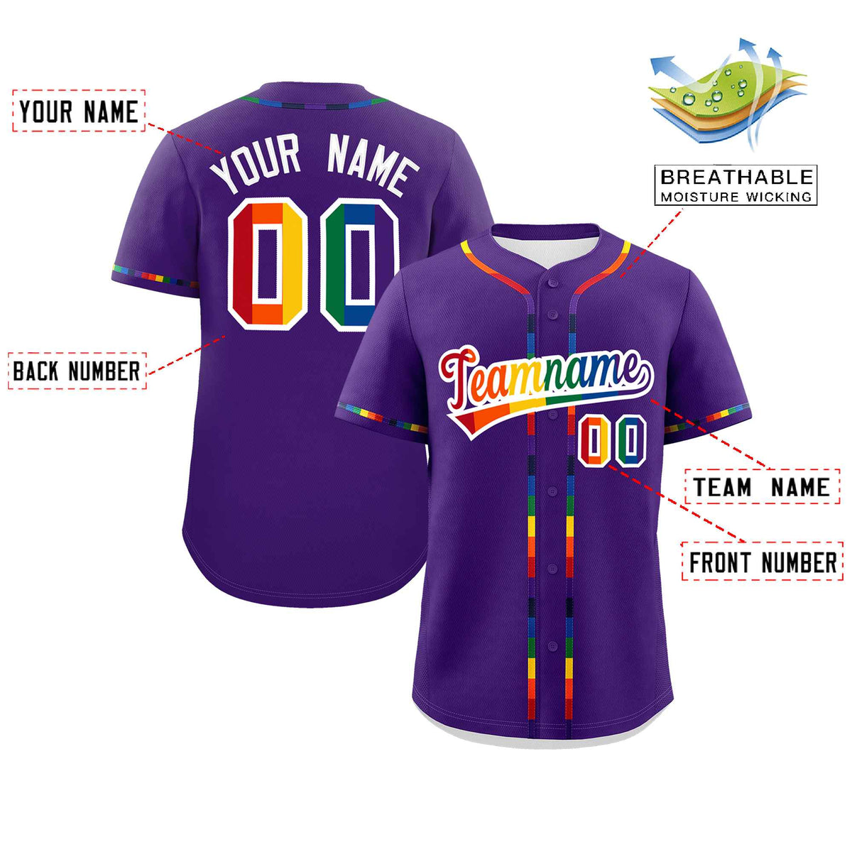 Custom Purple LGBT Rainbow For Pride Month Classic Style Authentic Baseball Jersey Limited