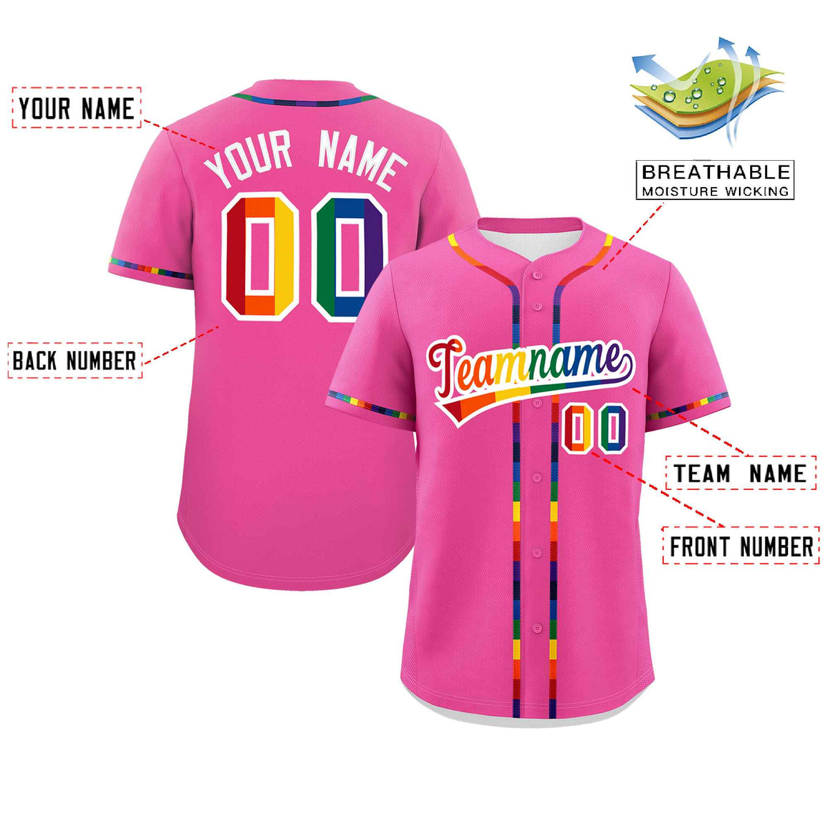 Custom Pink LGBT Rainbow For Pride Month Classic Style Authentic Baseball Jersey Limited