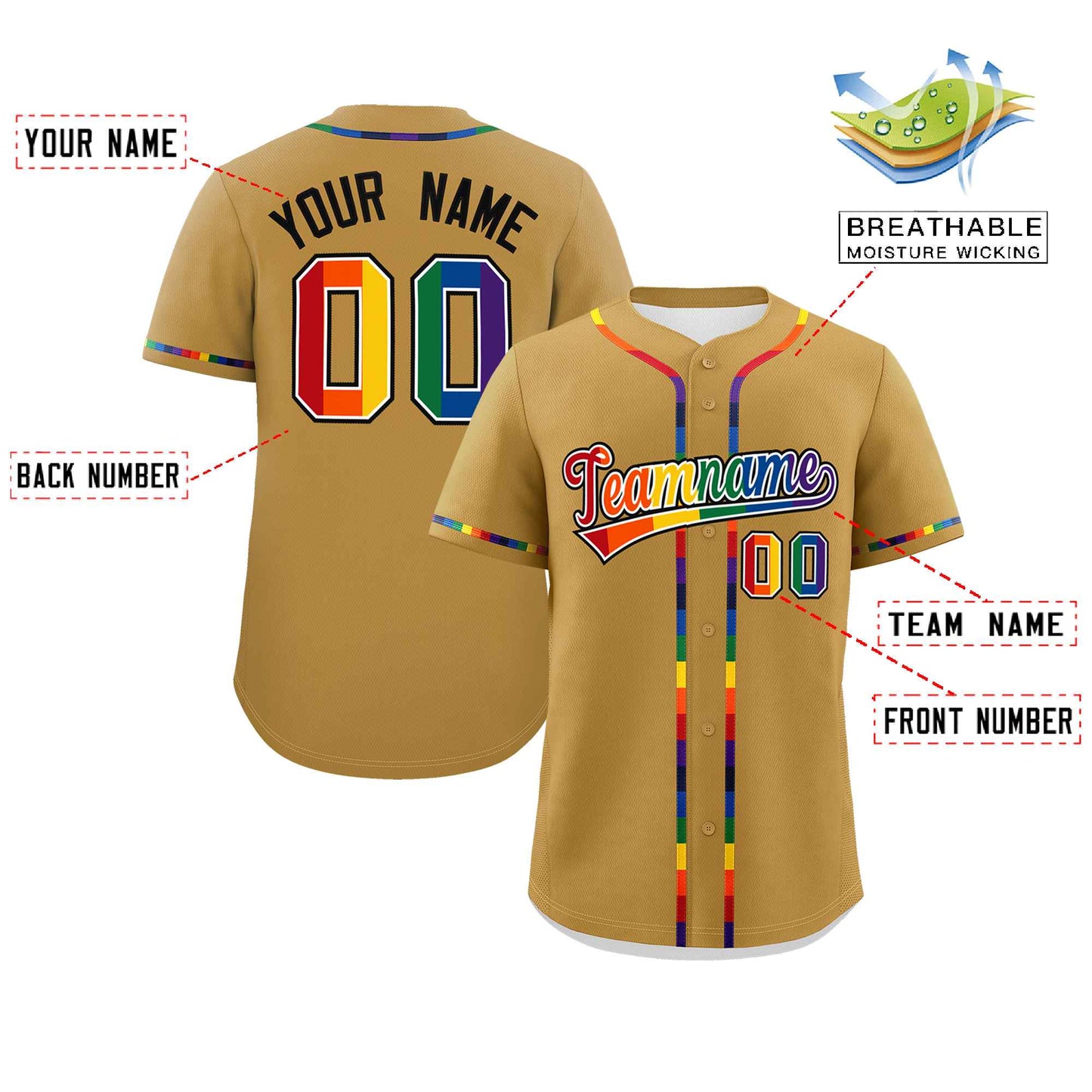 Custom Old Gold LGBT Rainbow For Pride Month Classic Style Authentic Baseball Jersey Limited