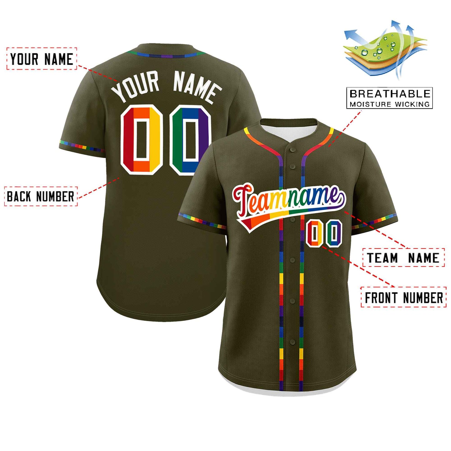Custom Olive LGBT Rainbow For Pride Month Classic Style Authentic Baseball Jersey Limited