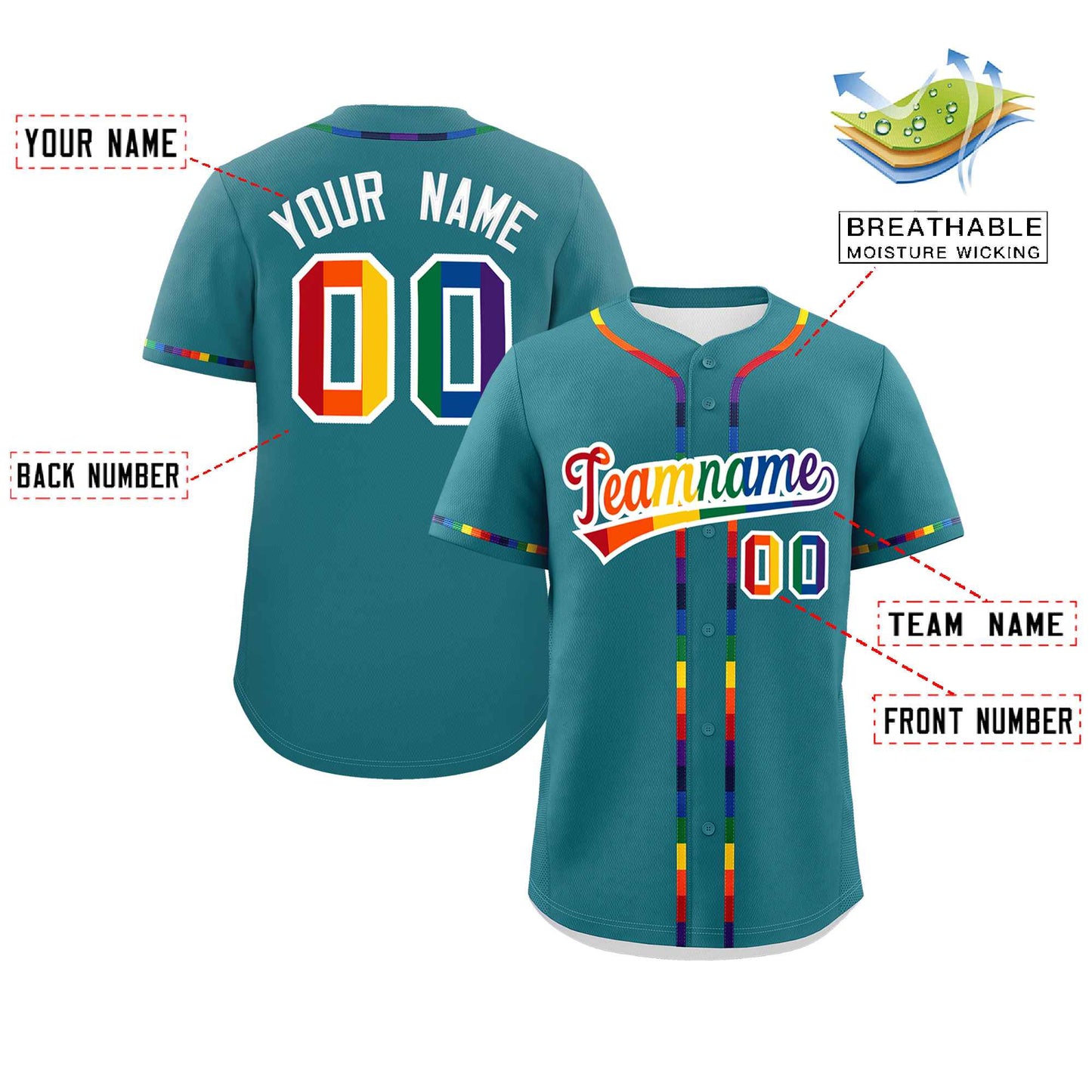 Custom Aqua LGBT Rainbow For Pride Month Classic Style Authentic Baseball Jersey Limited