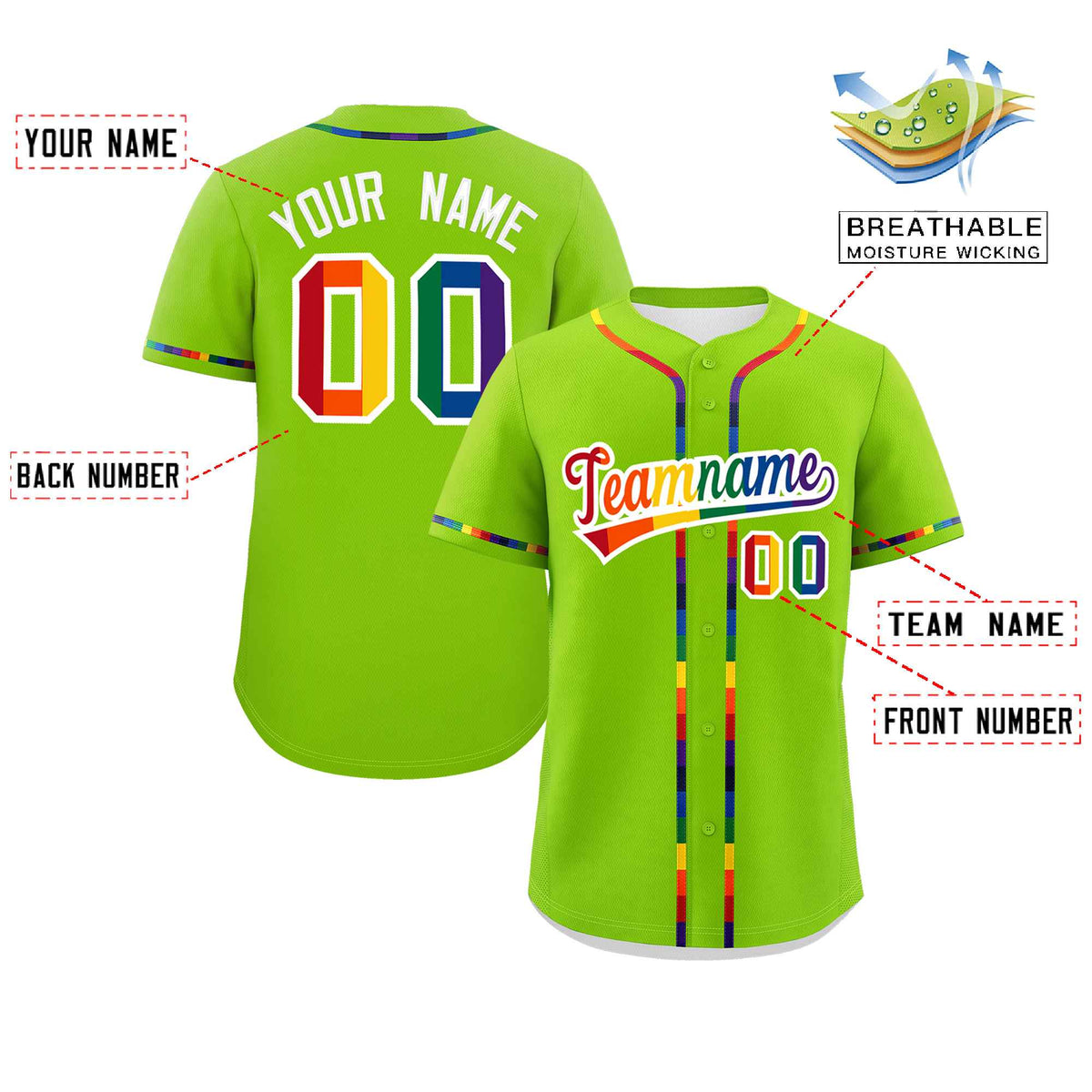 Custom Neon Green LGBT Rainbow For Pride Month Classic Style Authentic Baseball Jersey Limited