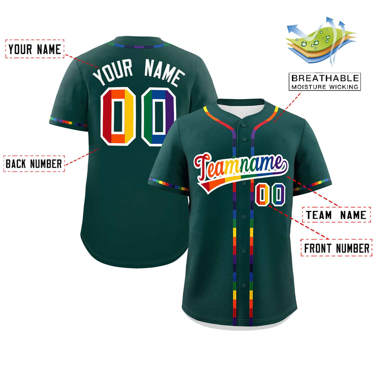 Custom Midnight Green LGBT Rainbow For Pride Month Classic Style Authentic Baseball Jersey Limited