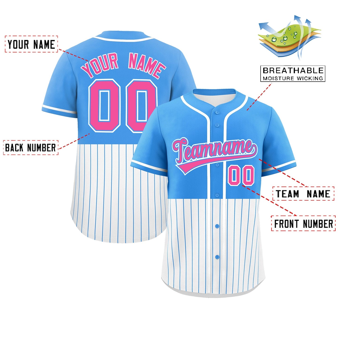 Custom Powder Blue White Personalized Half Stripe Design Authentic Baseball Jersey Limited