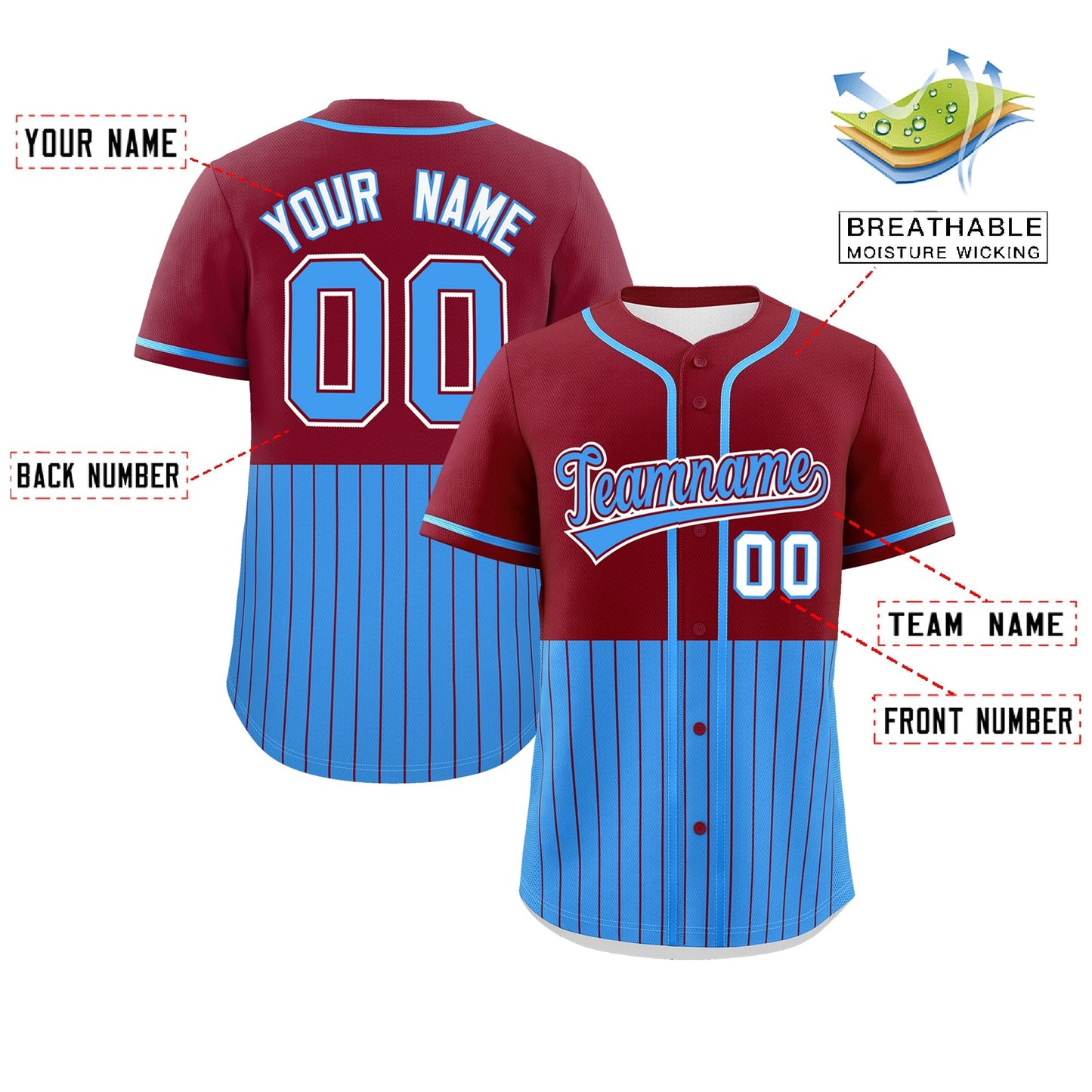 Custom Crimson Powder Blue Personalized Half Stripe Design Authentic Baseball Jersey Limited