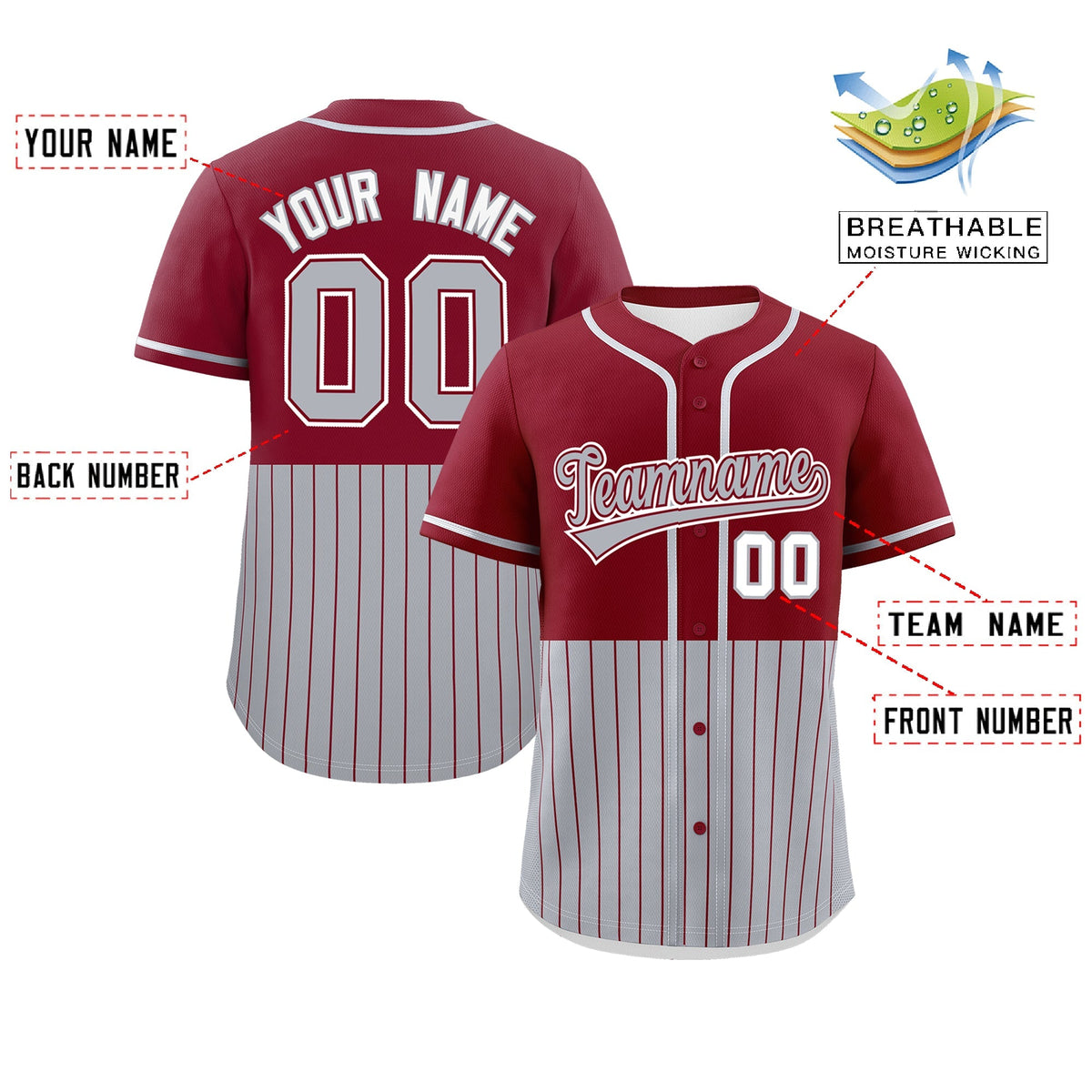 Custom Crimson Gray Personalized Half Stripe Design Authentic Baseball Jersey Limited