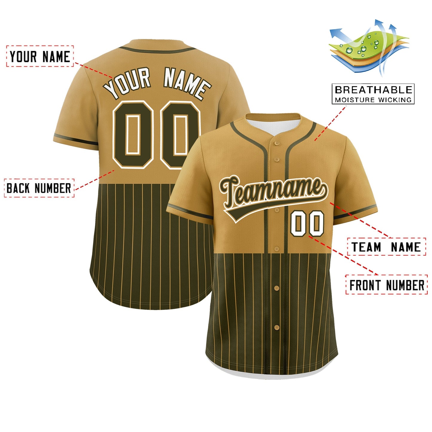 Custom Old Gold Olive Personalized Half Stripe Design Authentic Baseball Jersey Limited