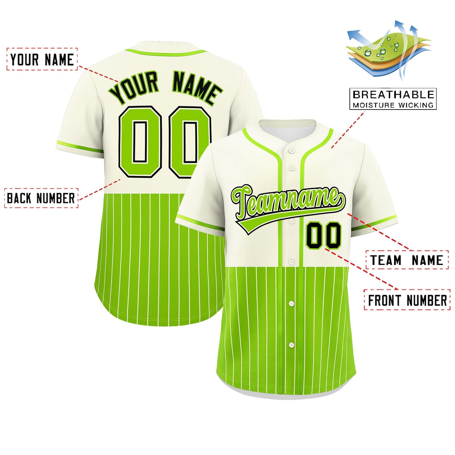 Custom Cream Neon Green Personalized Half Stripe Design Authentic Baseball Jersey Limited