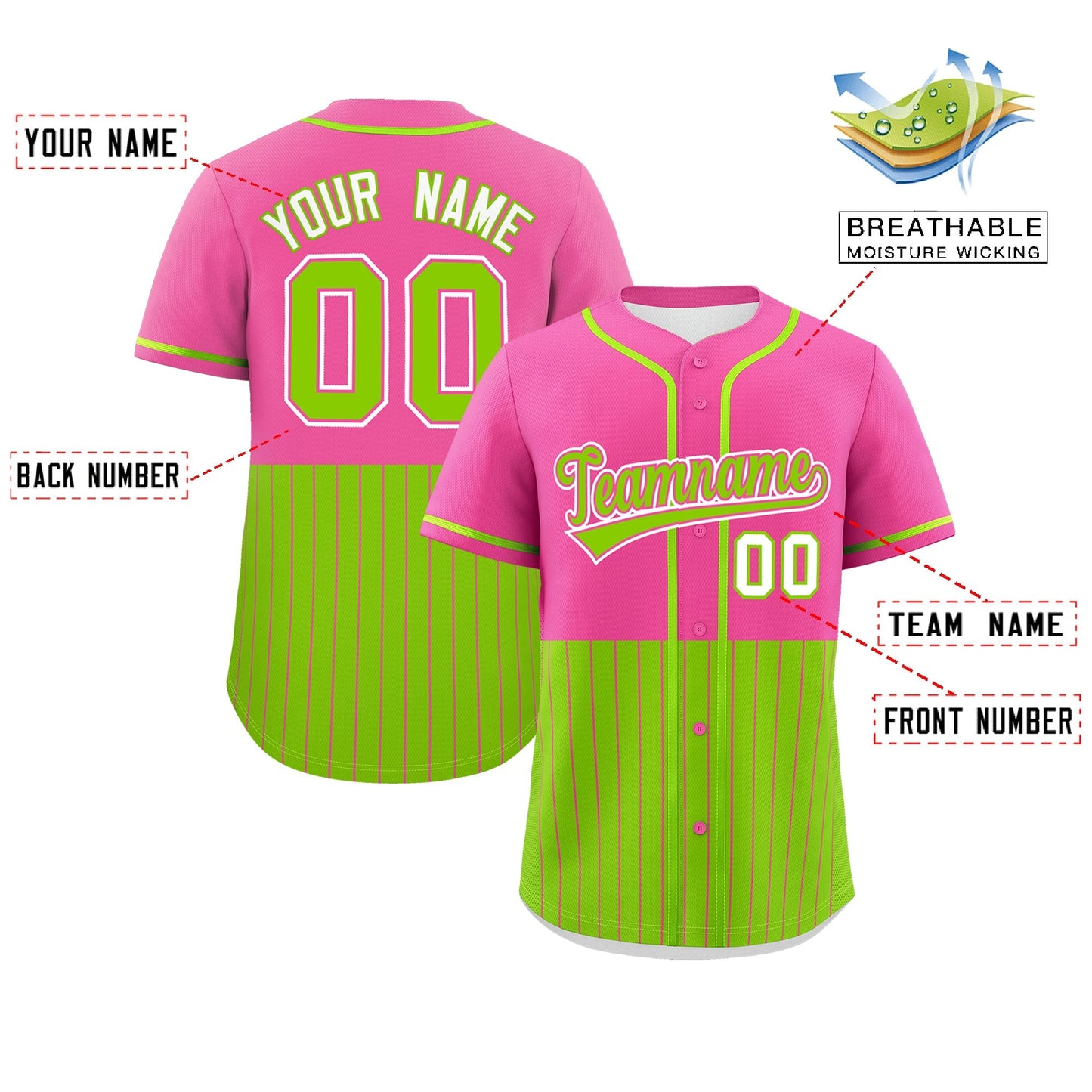 Custom Pink Neon Green Personalized Half Stripe Design Authentic Baseball Jersey Limited
