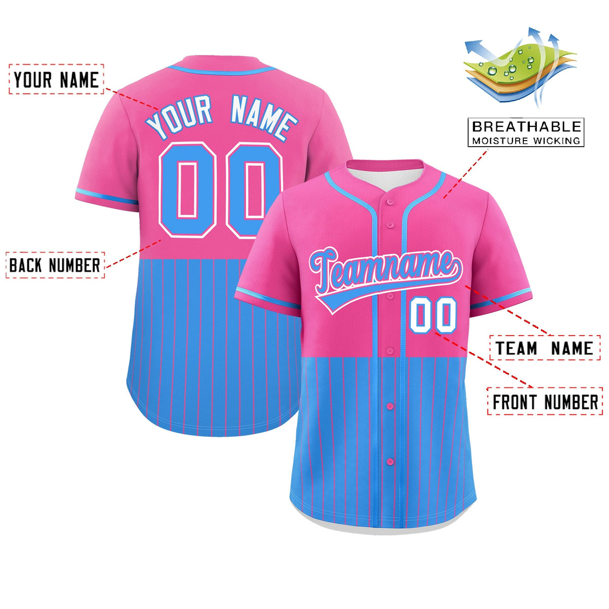 Custom Pink Powder Blue Personalized Half Stripe Design Authentic Baseball Jersey Limited