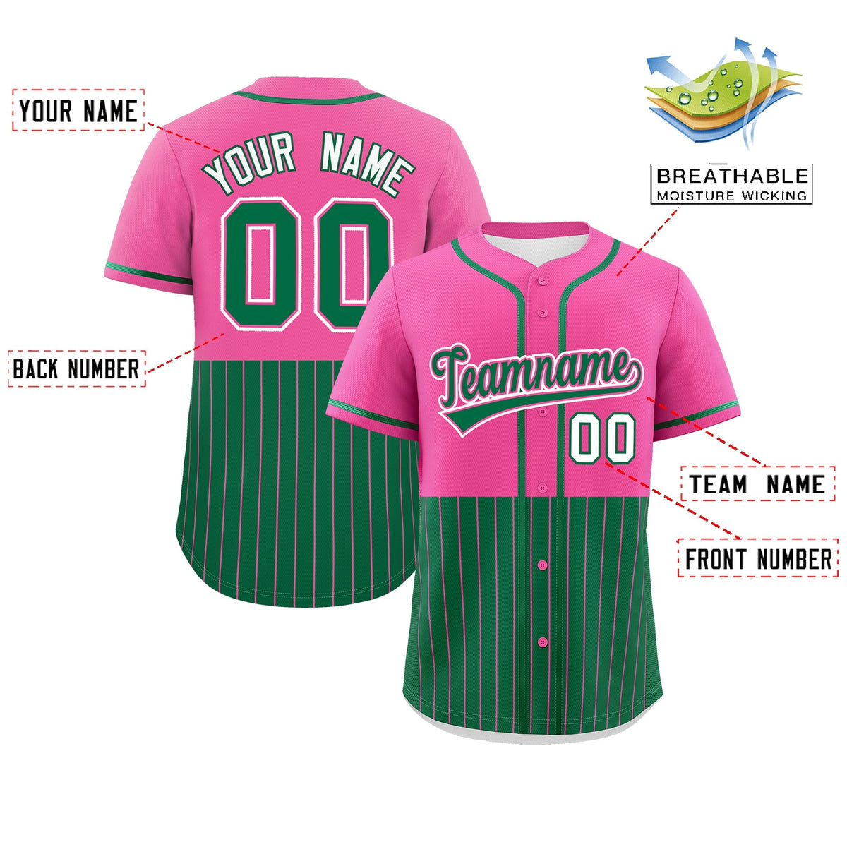 Custom Pink Kelly Green Personalized Half Stripe Design Authentic Baseball Jersey Limited