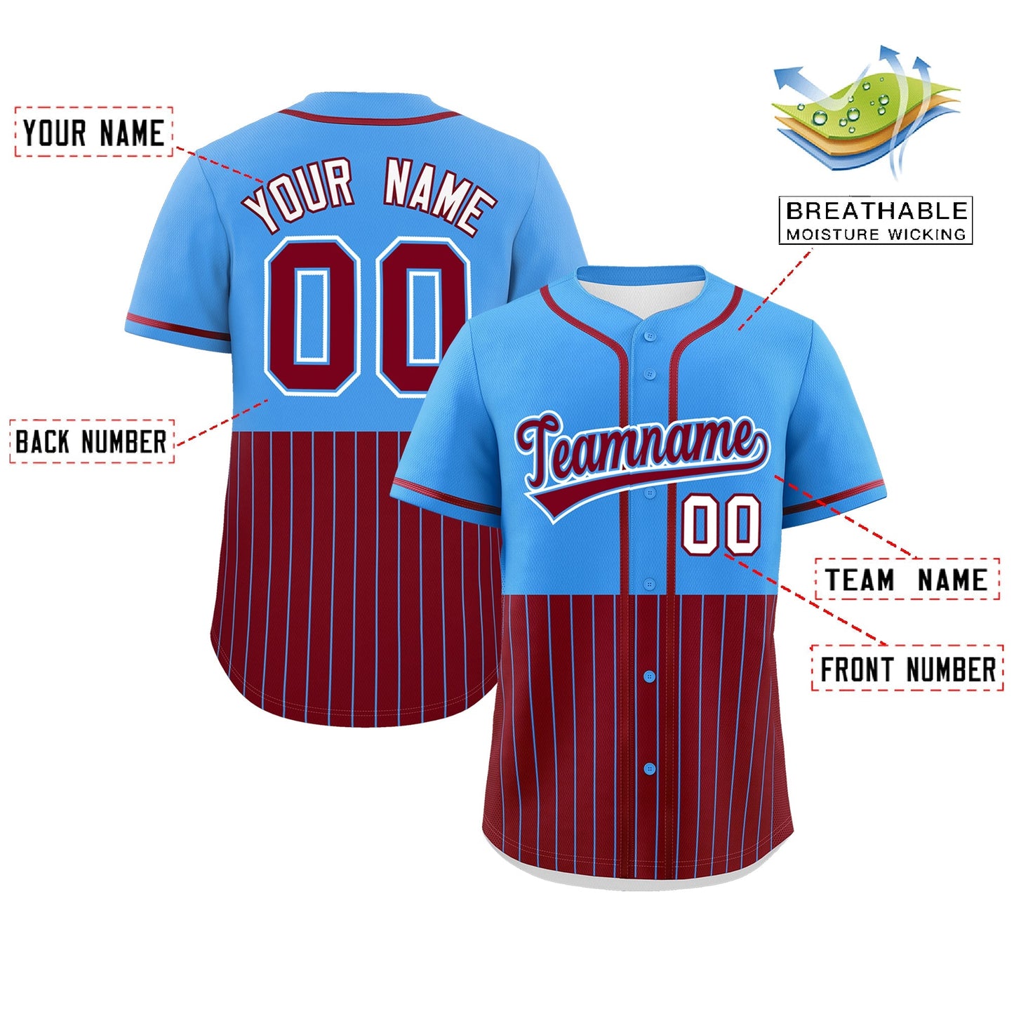 Custom Powder Blue Crimson Personalized Half Stripe Design Authentic Baseball Jersey Limited