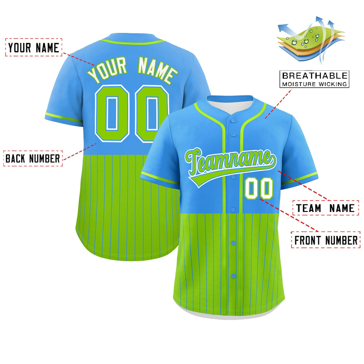Custom Powder Blue Neon Green Personalized Half Stripe Design Authentic Baseball Jersey Limited