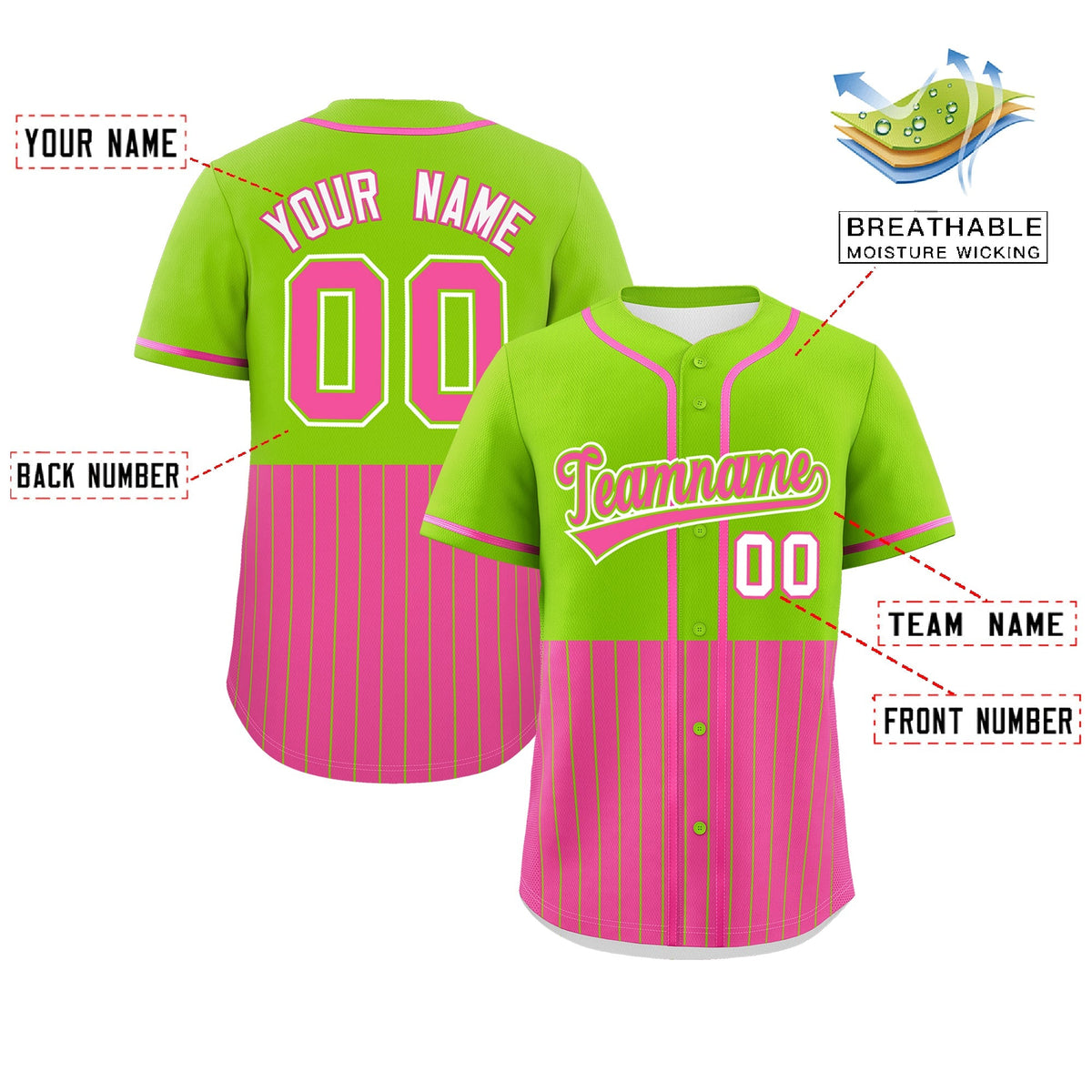 Custom Neon Green Pink Personalized Half Stripe Design Authentic Baseball Jersey Limited