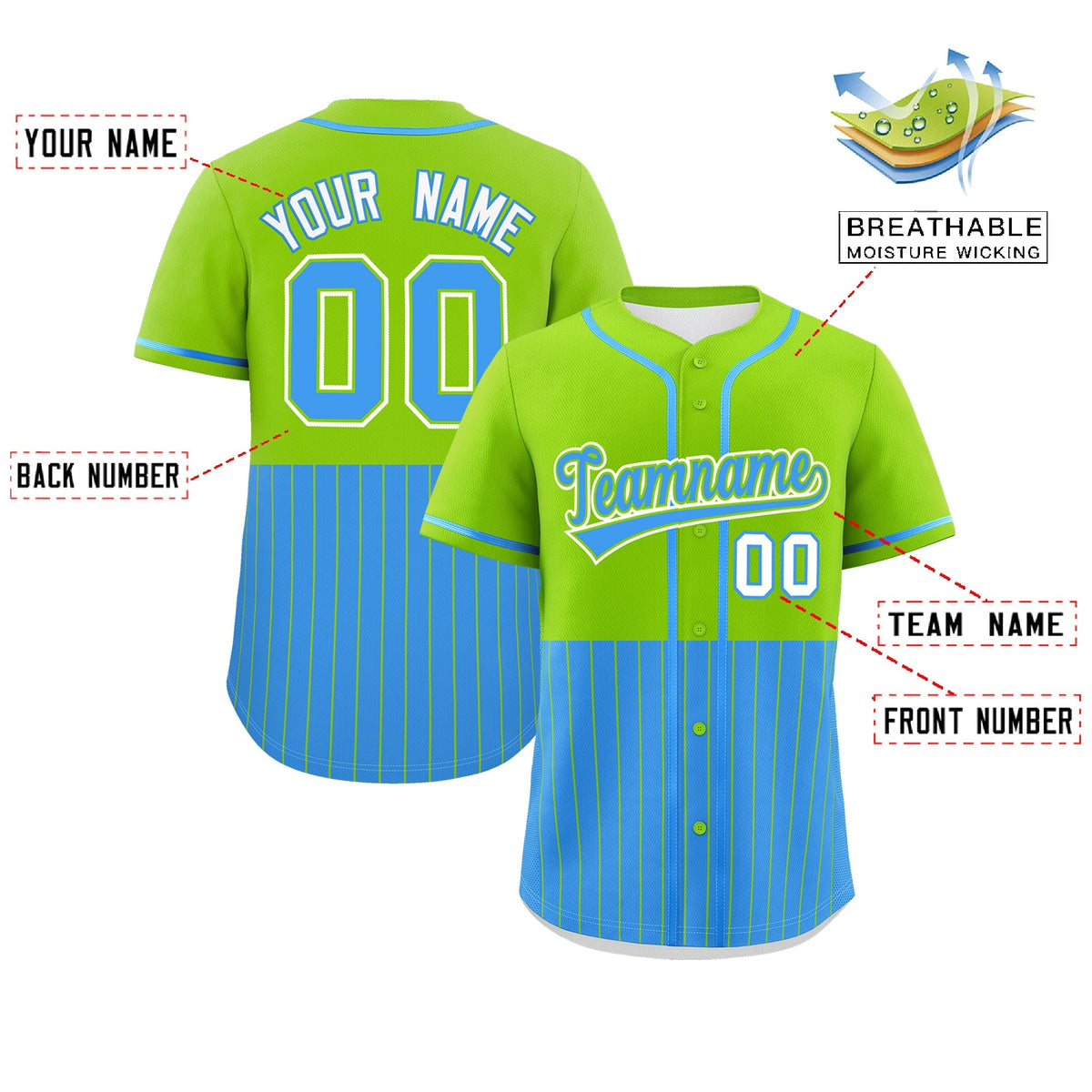 Custom Neon Green Powder Blue Personalized Half Stripe Design Authentic Baseball Jersey Limited