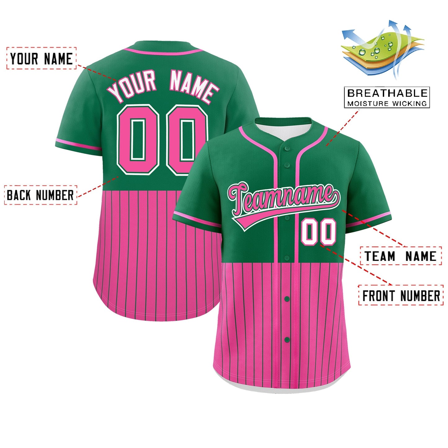 Custom Kelly Green Pink Personalized Half Stripe Design Authentic Baseball Jersey Limited