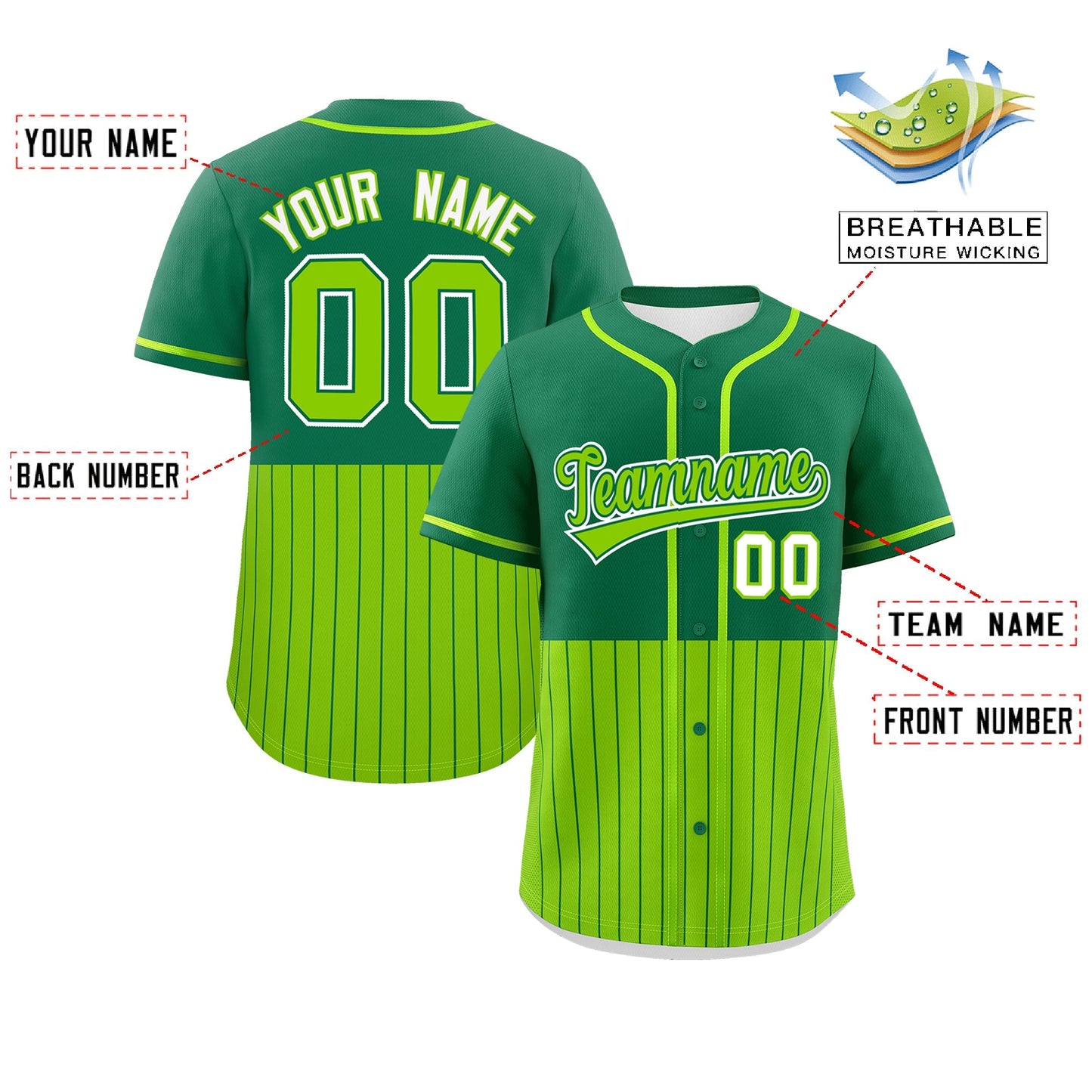 Custom Kelly Green Neon Green Personalized Half Stripe Design Authentic Baseball Jersey Limited