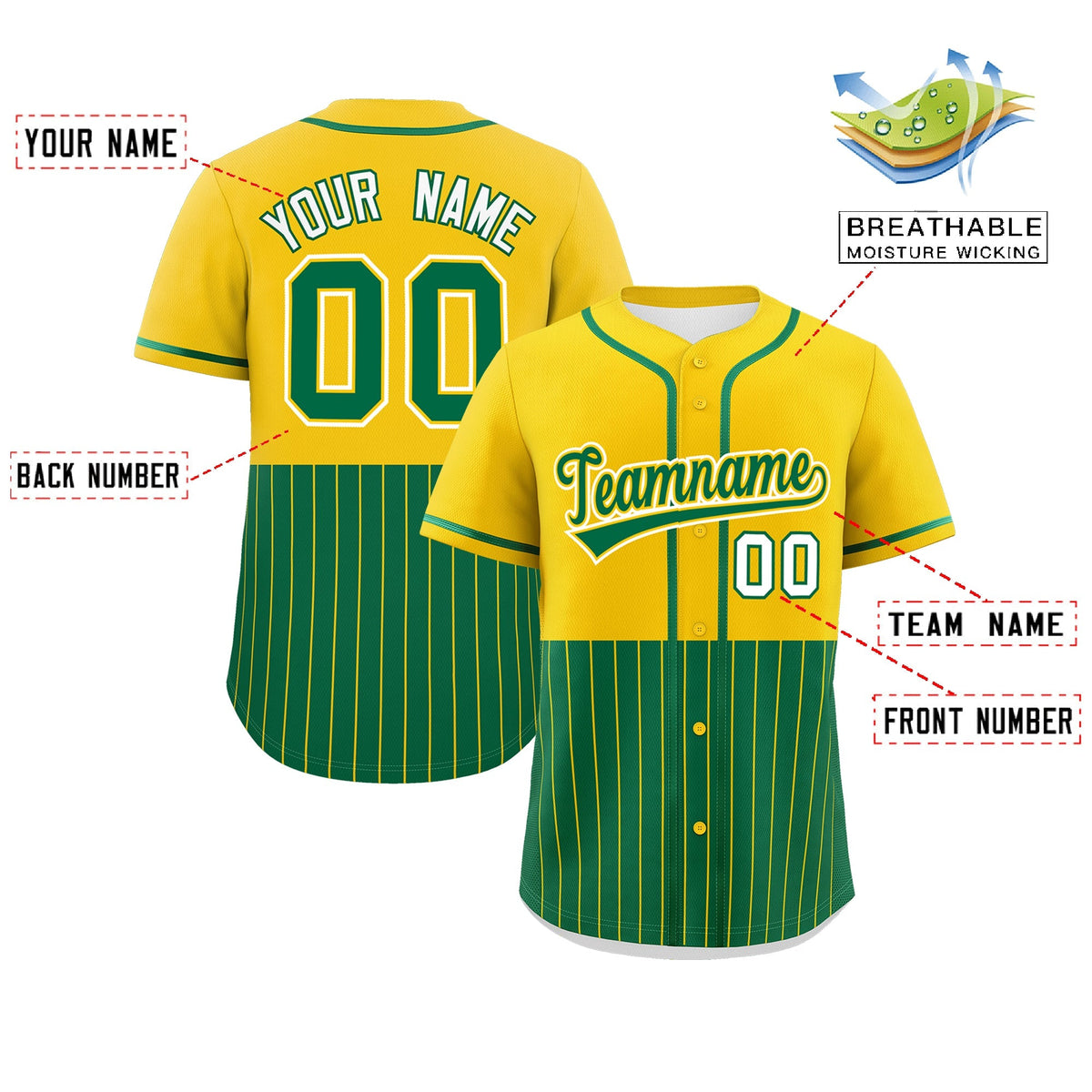 Custom Gold Kelly Green Personalized Half Stripe Design Authentic Baseball Jersey Limited