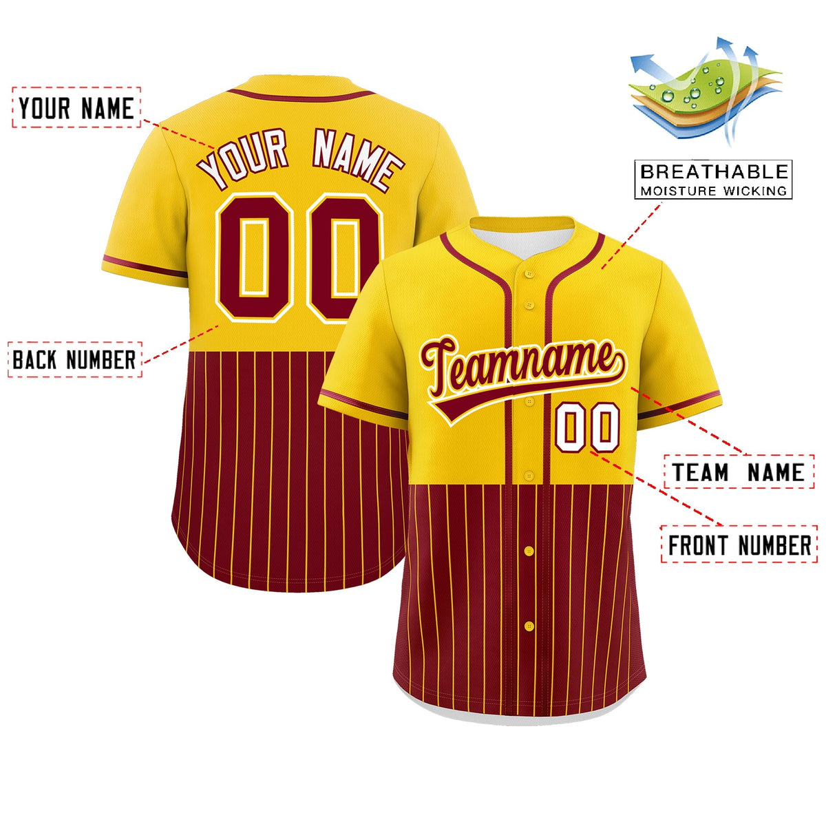 Custom Gold Crimson Personalized Half Stripe Design Authentic Baseball Jersey Limited